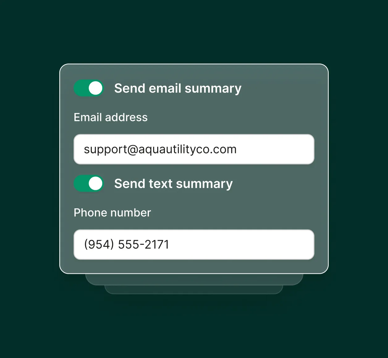 Utility call center settings screen showing options to send email and text summaries of customer calls.