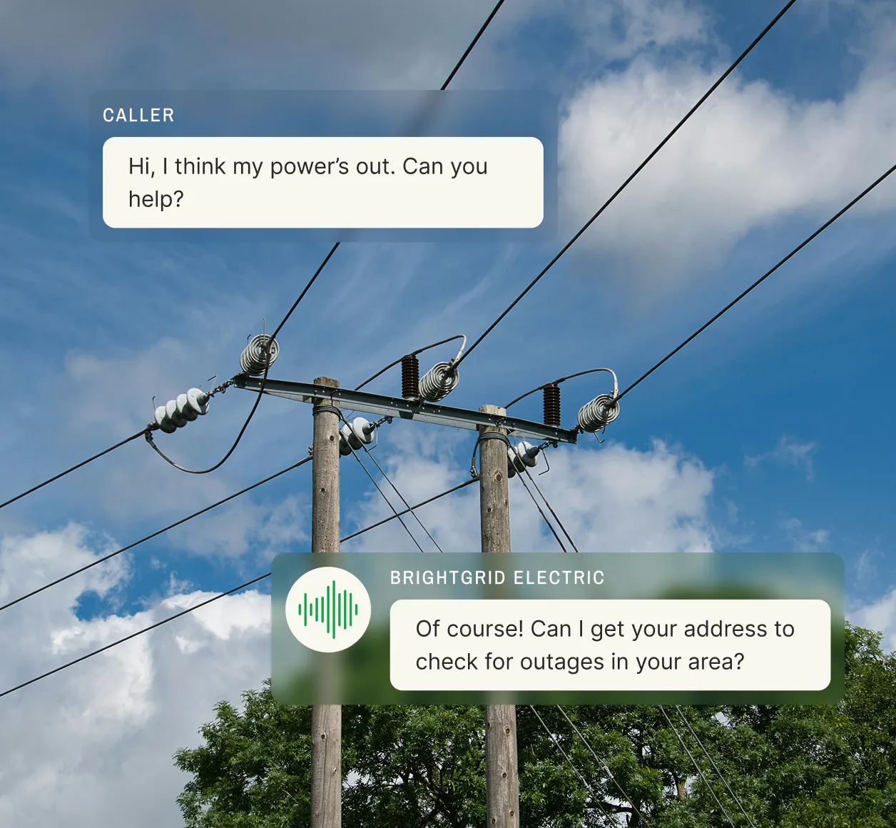 Customer calls a utility call center to report a power outage, and the agent asks for the address to check for outages in the area.