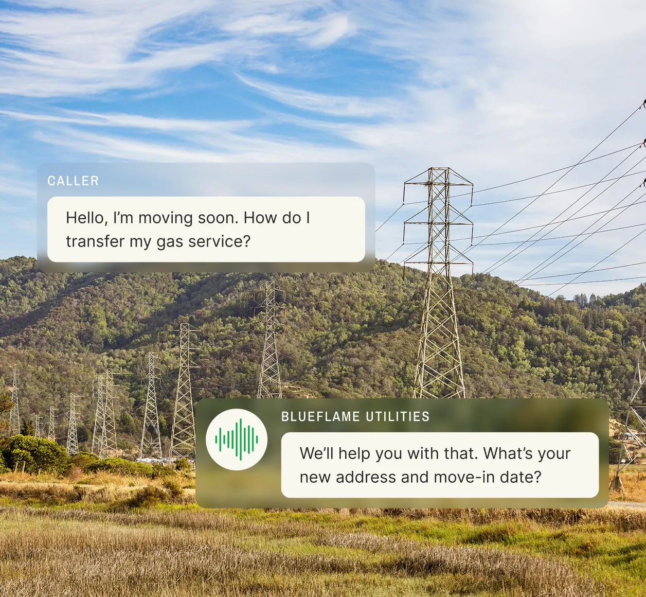 Caller asks how to transfer gas service before moving, and the call center agent for the utility company requests the new address and move-in date.