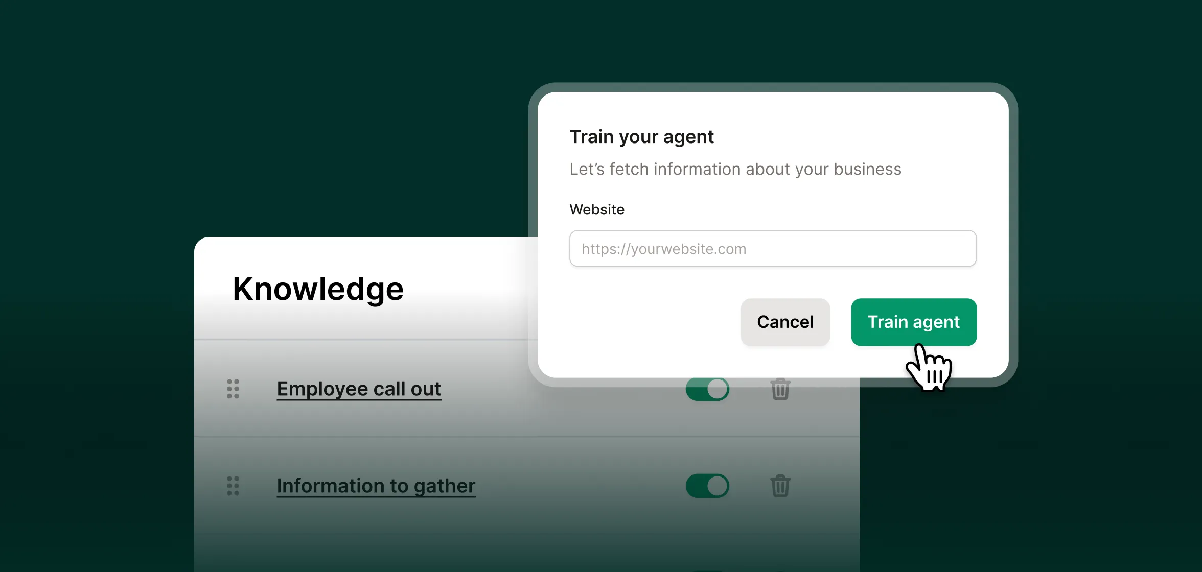 A dashboard shows how to train an agent by entering a website URL to fetch business information in an employee call out system.