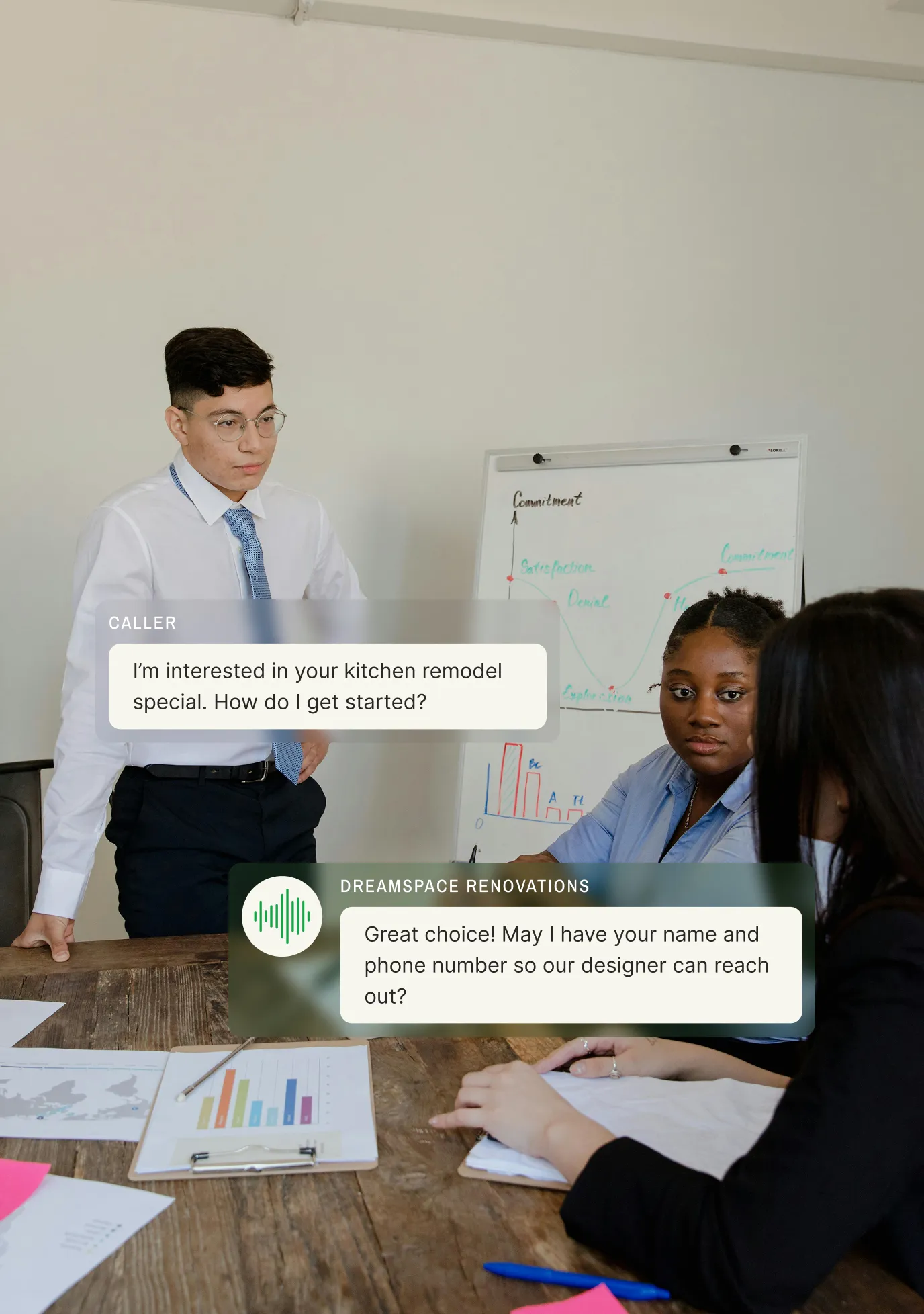 A caller asks about a kitchen remodel offer and the direct response call center representative collects their contact details.