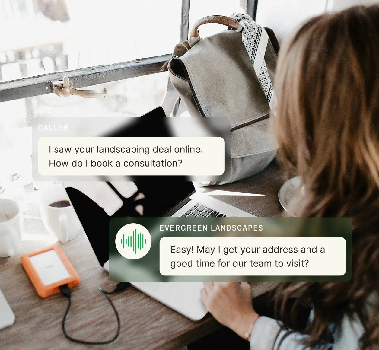 A customer asks about landscaping consultations while a direct response call center agent requests their address and time.