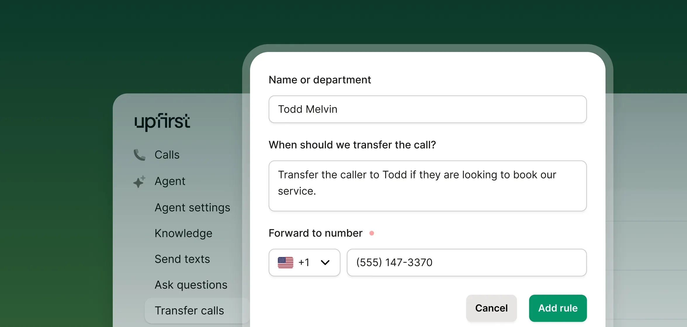 A user sets up call-transfer rules by entering a contact name and forwarding number inside a spam call blocking service.