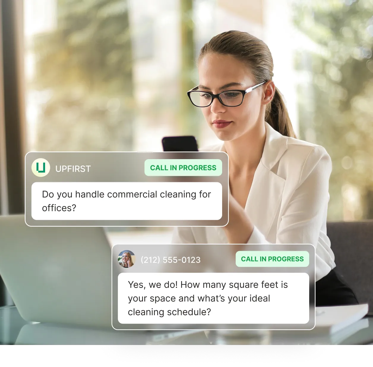 A woman checks her phone while the spam blocking answering service handles a call asking about commercial office cleaning and responds with questions about space size and schedule.