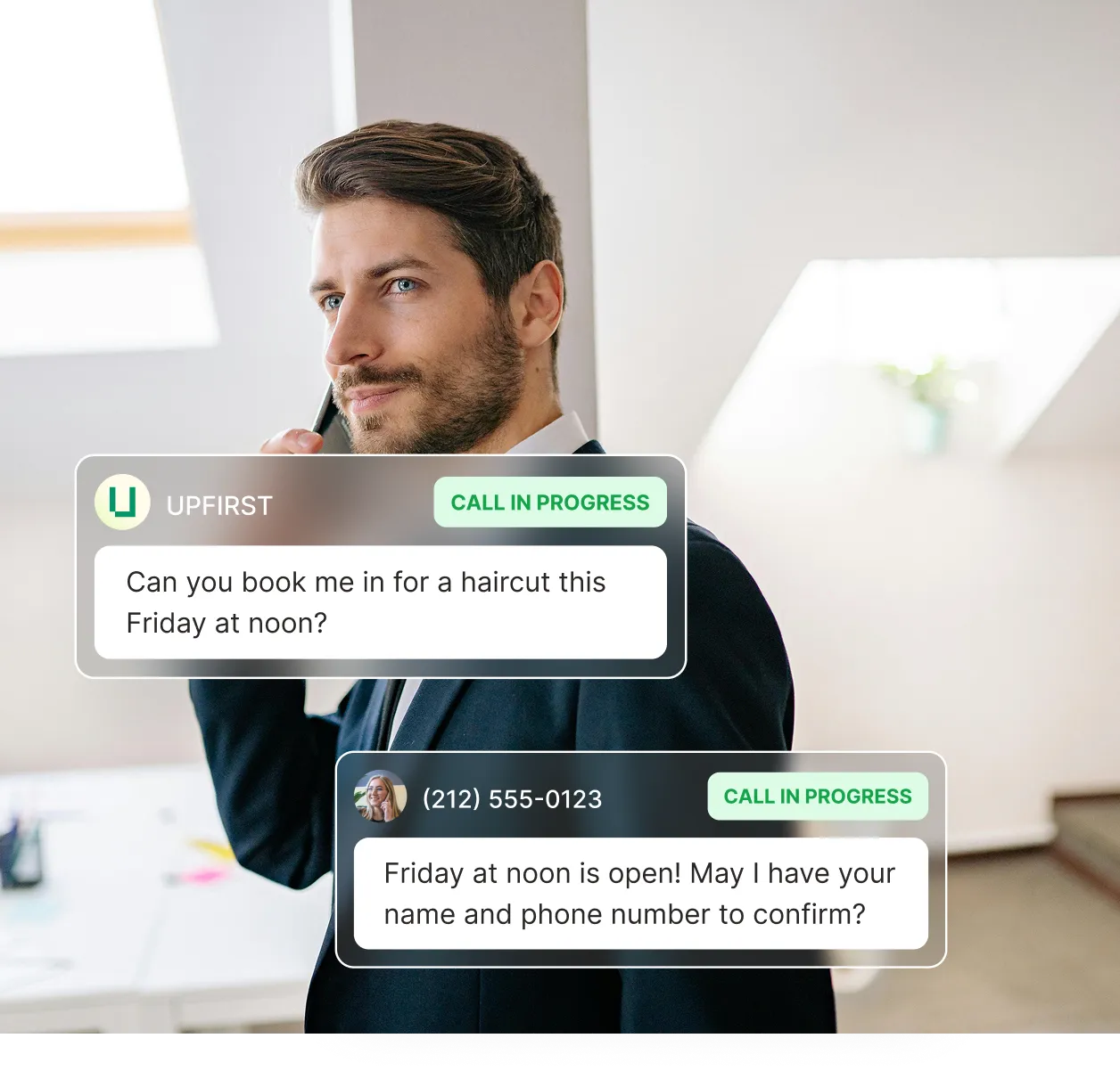 A man takes a call while the spam call blocking service fields a haircut booking request and asks for the caller’s name and phone number to confirm.