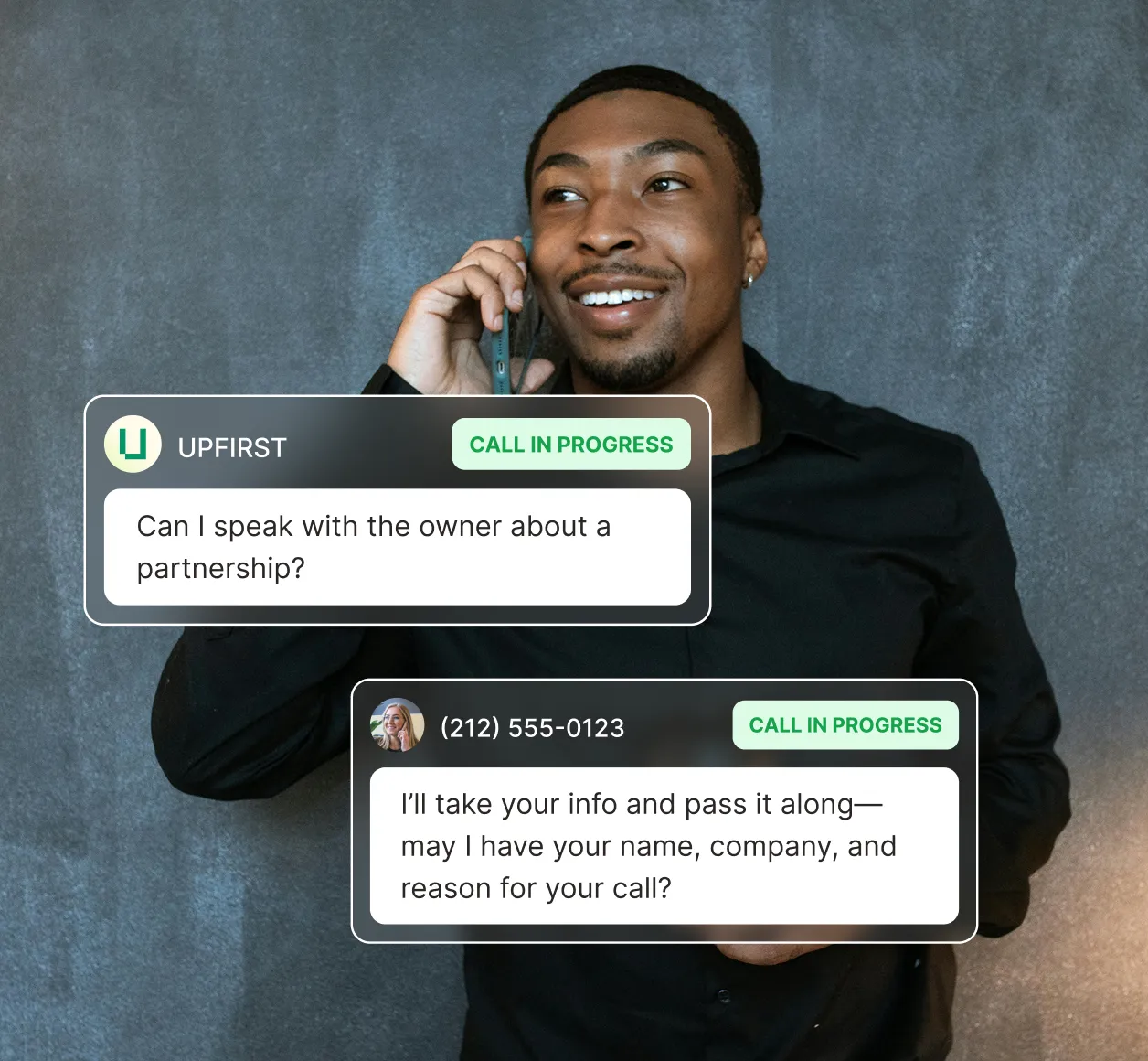 A man talks on the phone while the spam blocking service handles a partnership inquiry and asks for the caller’s name, company, and reason for calling.