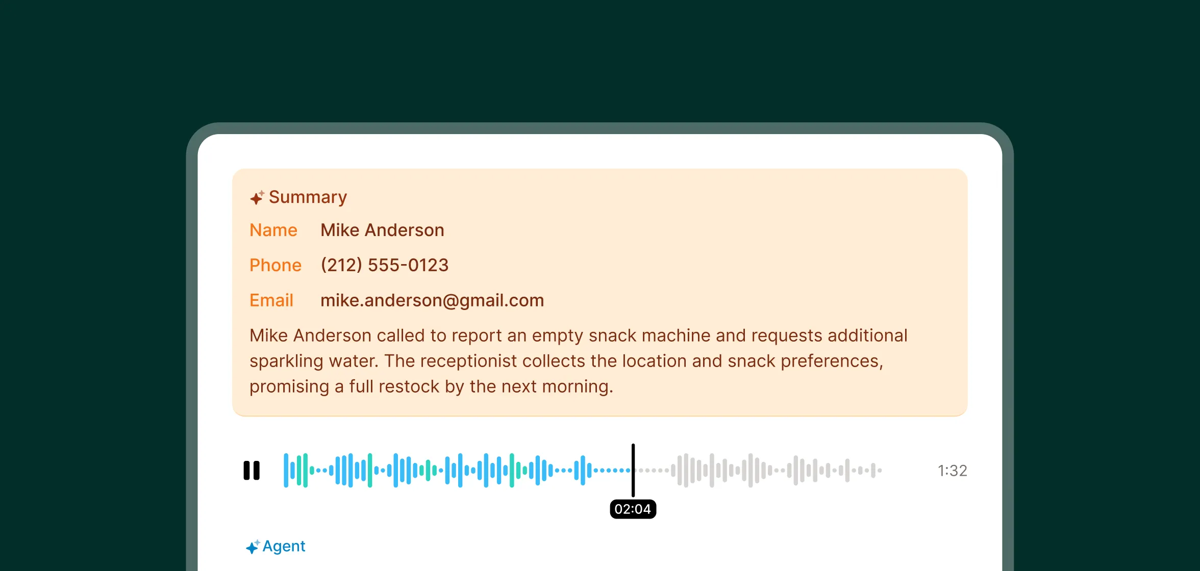 A call summary displays customer details and a transcript about reporting an empty snack machine handled by the vending machine answering service.