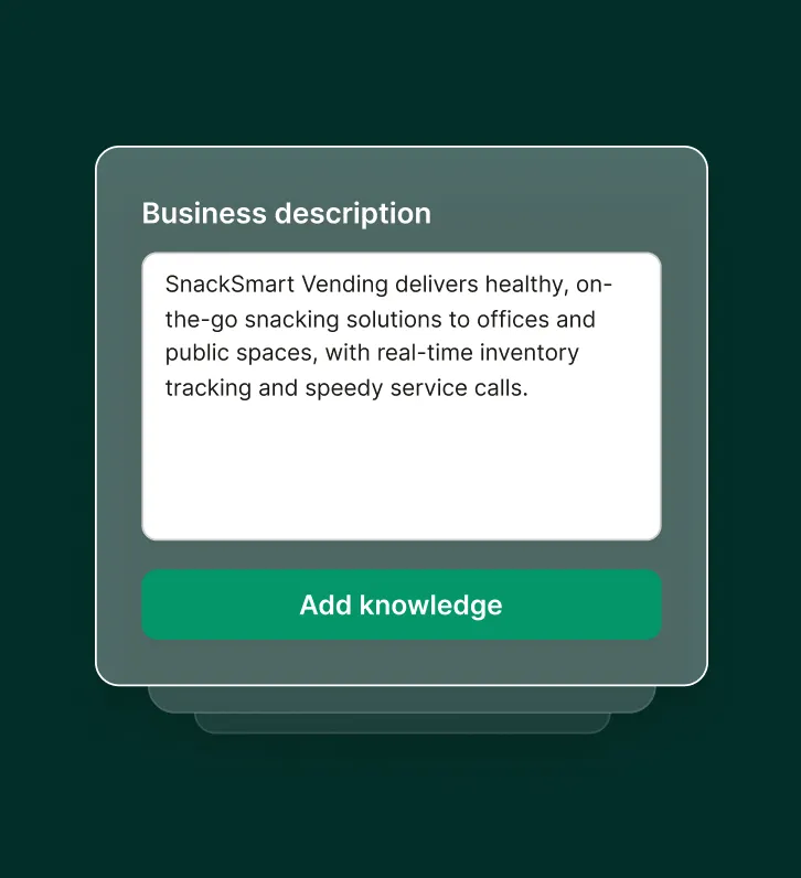 A dashboard shows a logistics answering service adding a business description for a freight and delivery company.