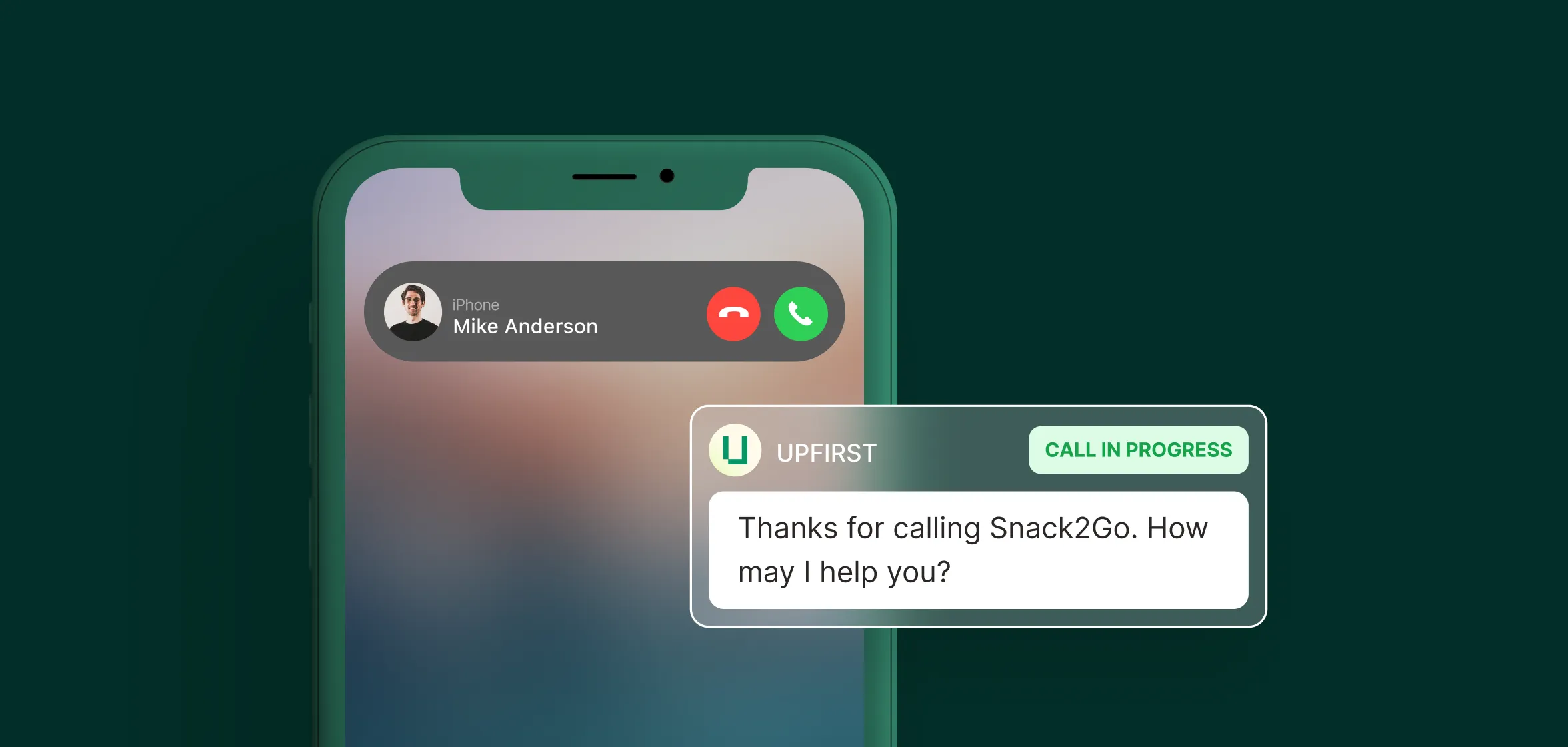 A caller rings into the vending machine answering service while an automated agent greets them on-screen.