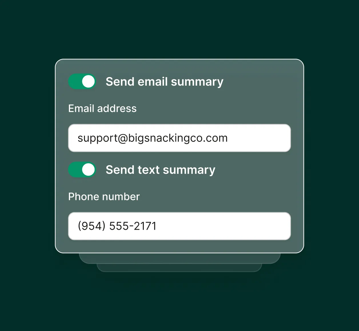 A settings screen shows options to send call summaries by email and text, illustrating automated notifications for a logistics answering service.