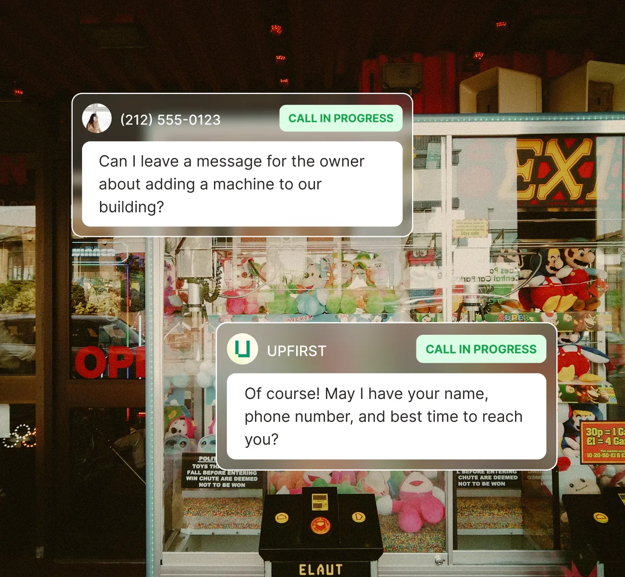 A caller asks to leave a message about adding a vending machine to their building and the vending machine answering service asks for their name, phone number, and best time to reach them.