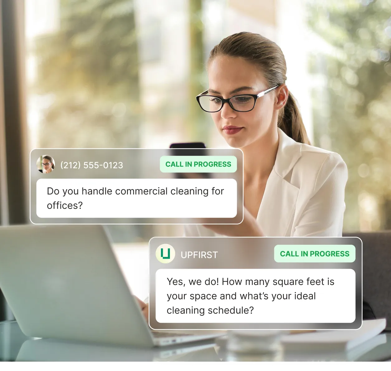 A woman checks her phone while the spam blocking answering service handles a call asking about commercial office cleaning and responds with questions about space size and schedule.