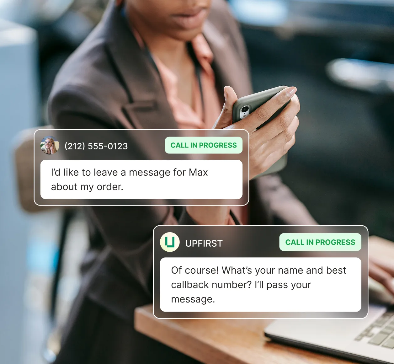 A woman looks at her phone while the spam blocking answering service takes a message about an order and requests the caller’s name and callback number.