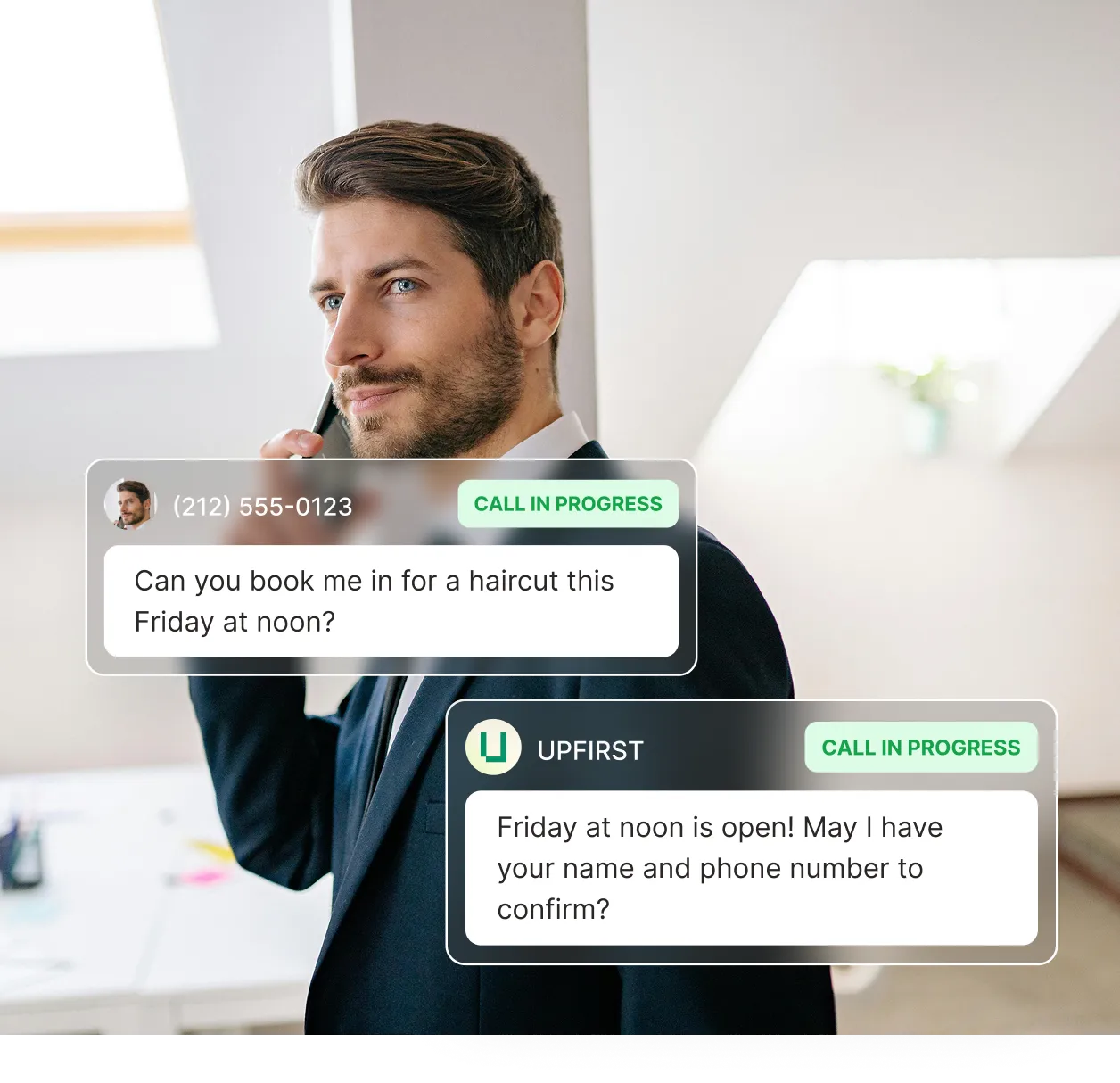 A man takes a call while the spam call blocking service fields a haircut booking request and asks for the caller’s name and phone number to confirm.