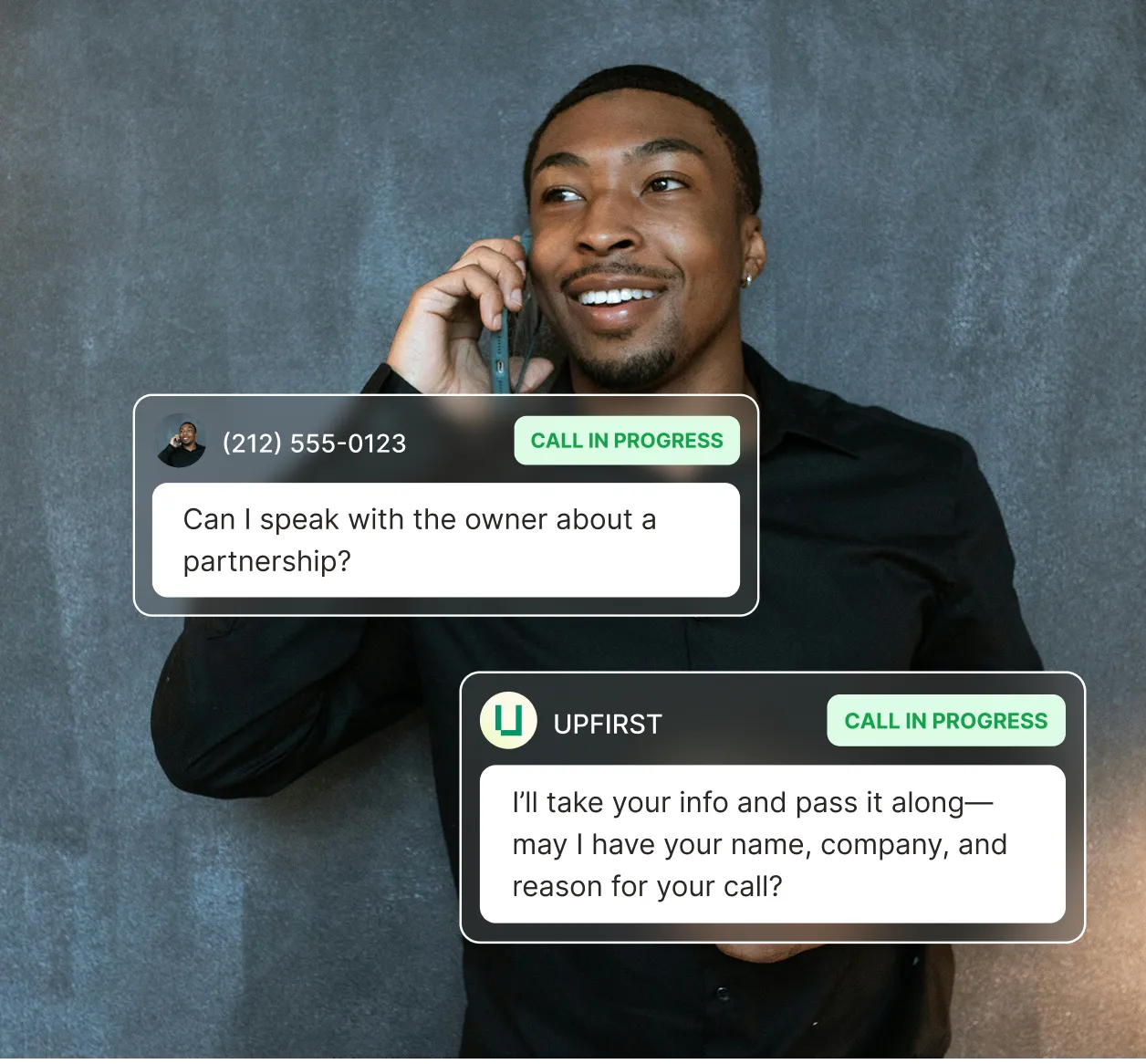 A man talks on the phone while the spam blocking service handles a partnership inquiry and asks for the caller’s name, company, and reason for calling.