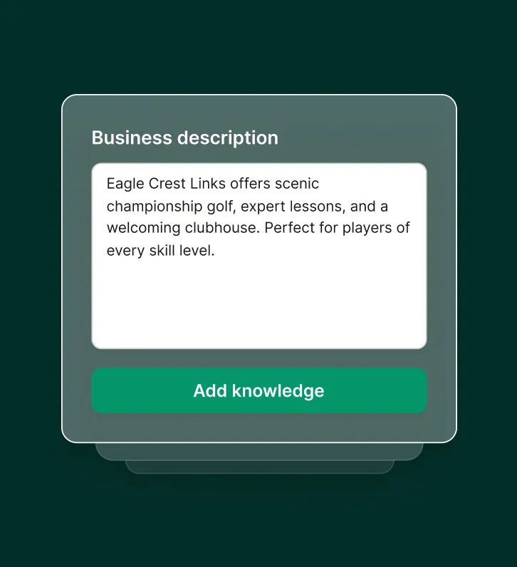 A dashboard screen shows a business description being added for a golf course answering service.