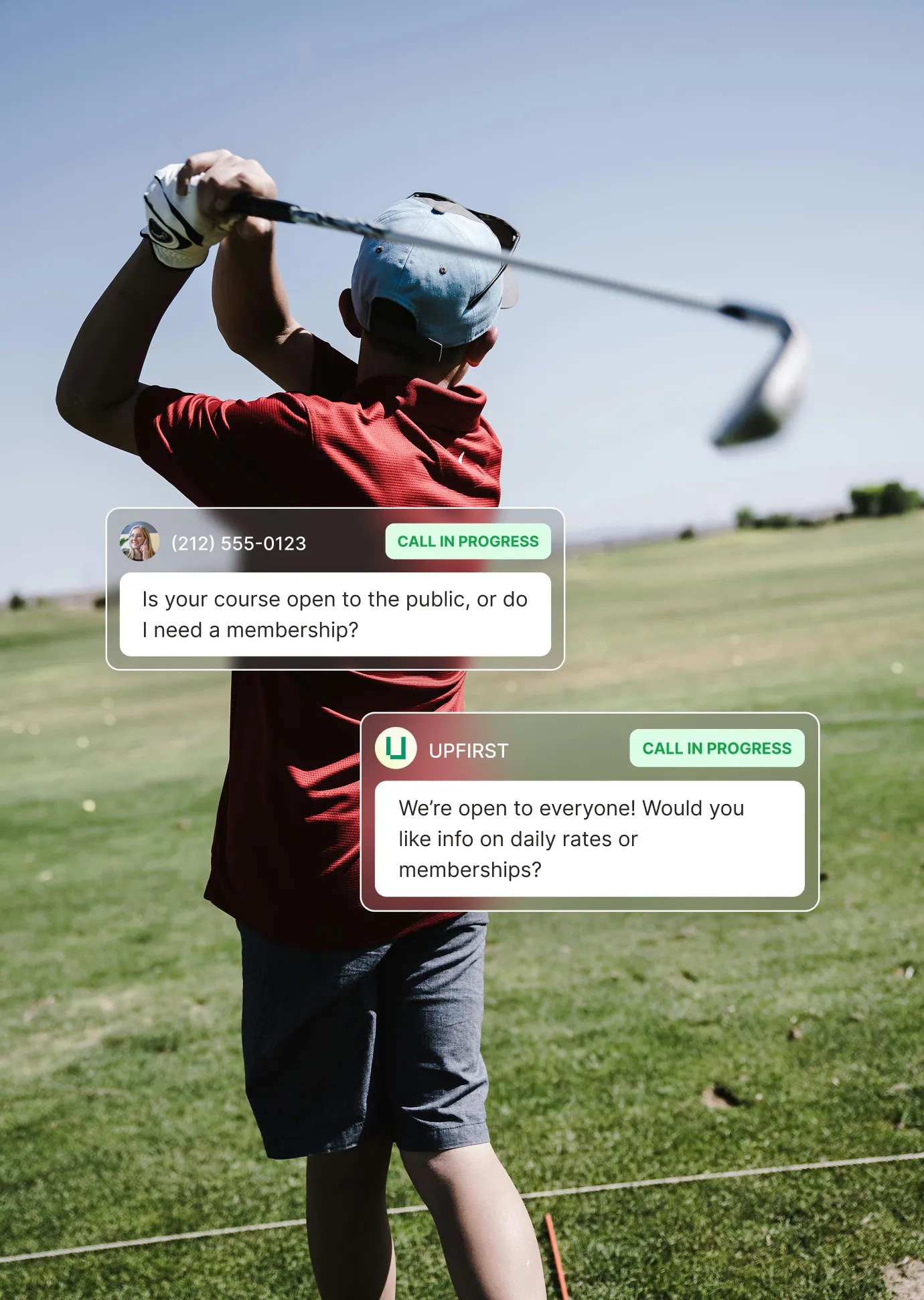 A golfer swings on the course while an answering service for golf courses responds to a question about public access versus membership.