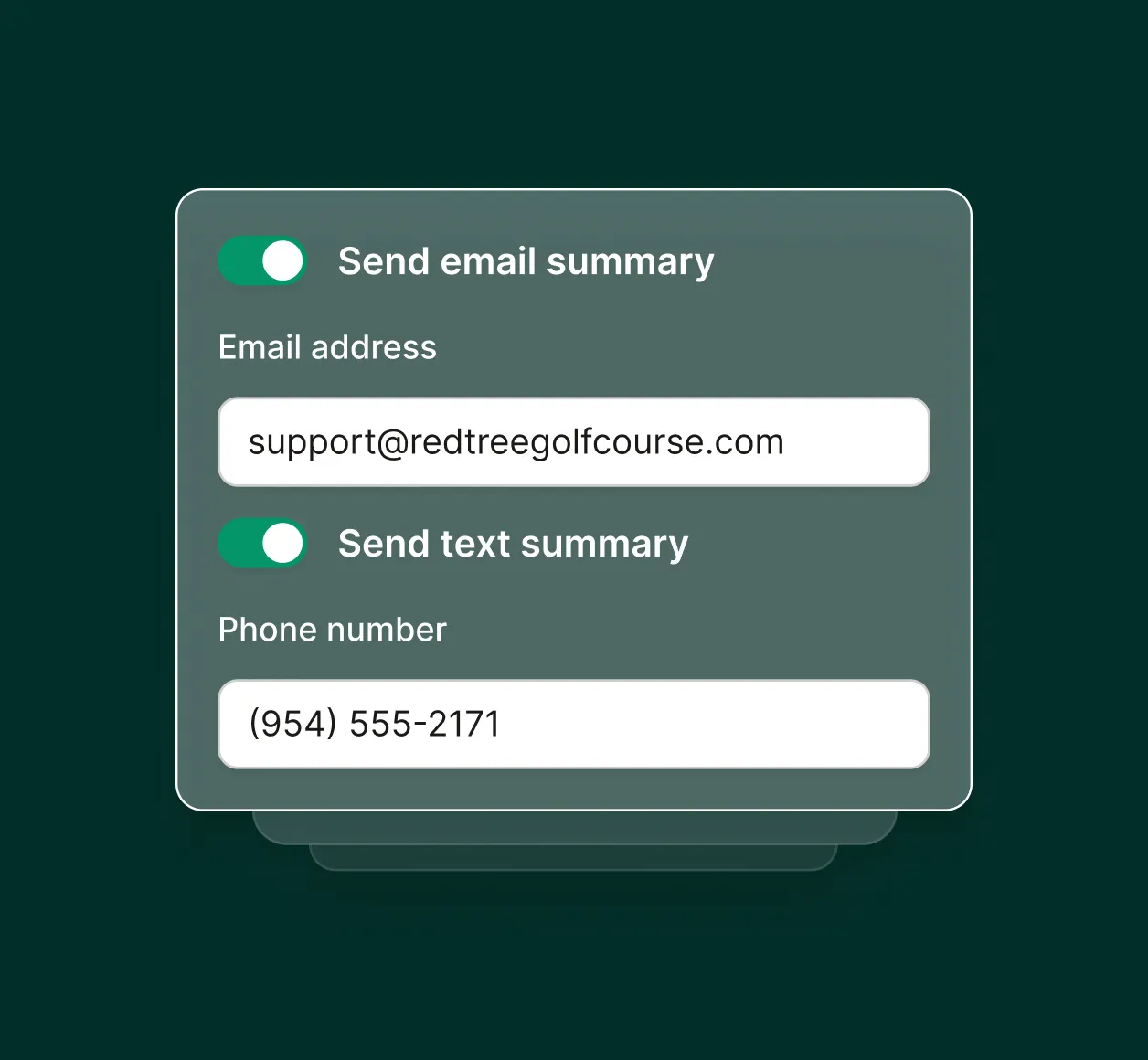 A settings screen shows options to send email and text summaries through a golf course answering service.