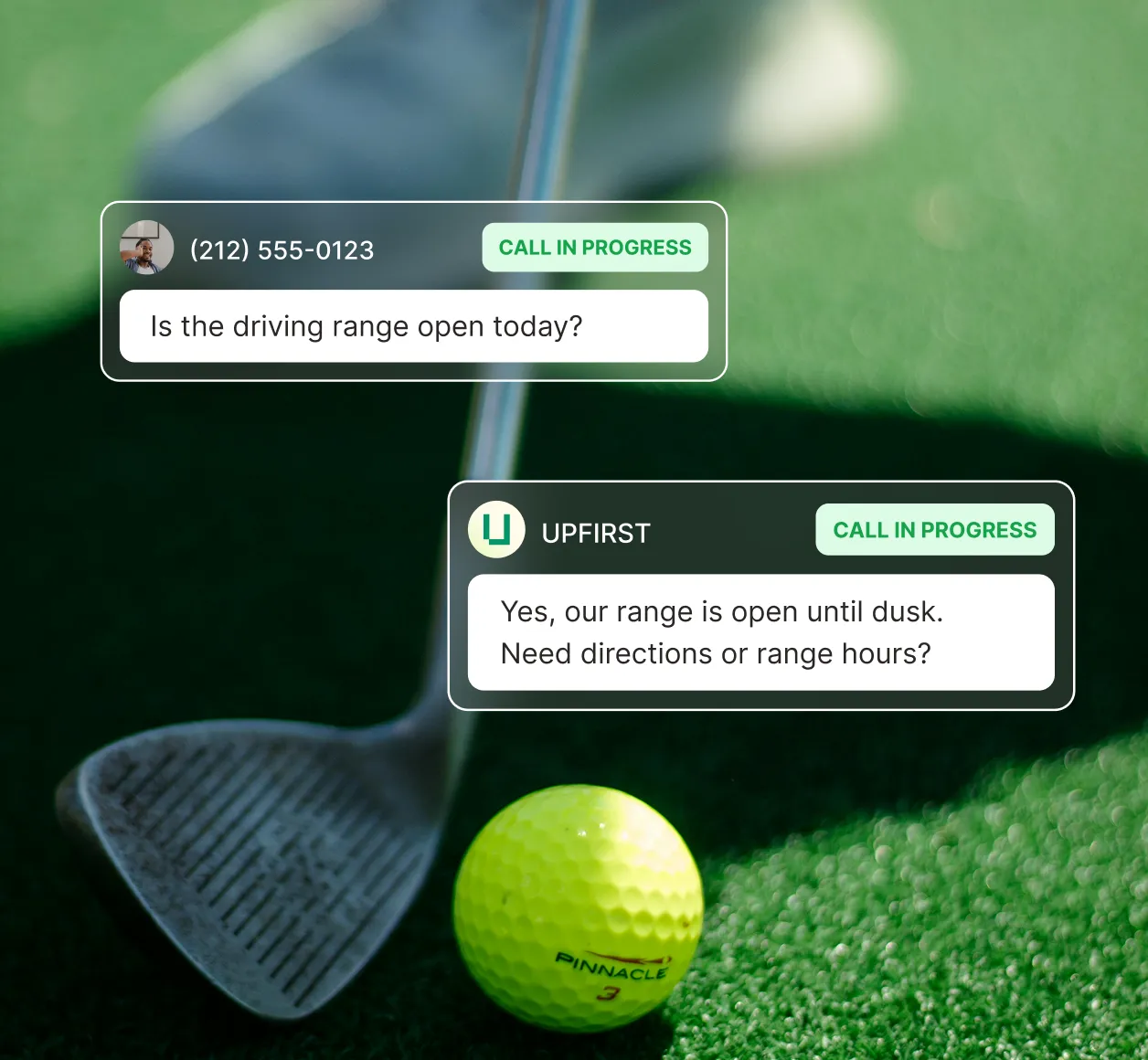 A caller asks if the driving range is open and the answering service for golf courses replies that the range is open until dusk.