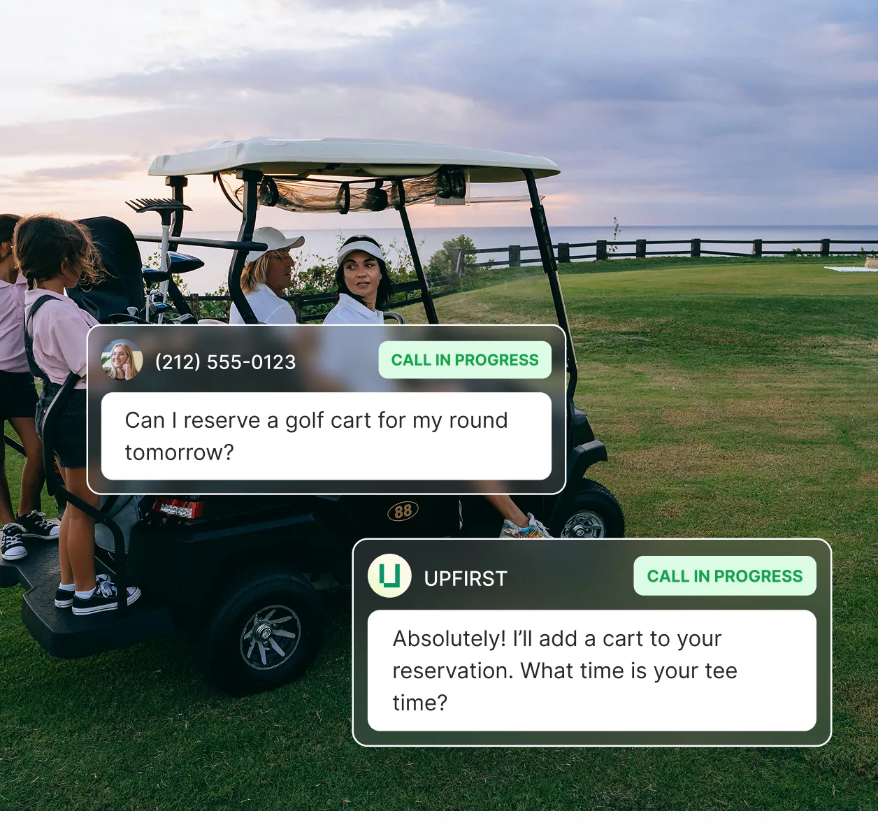 A caller asks to reserve a golf cart and the golf course answering service replies confirming the cart and asking for the tee time. asks about fleet wash plans and the answering service explains business account options for car wash companies.