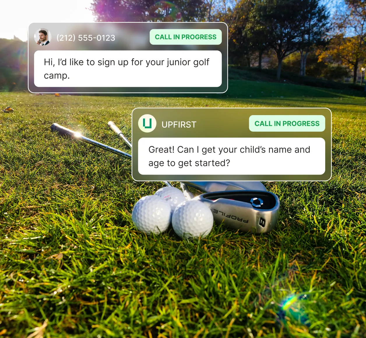 A caller requests to sign up for junior golf camp and the golf course answering service responds by asking for the child’s name and age.