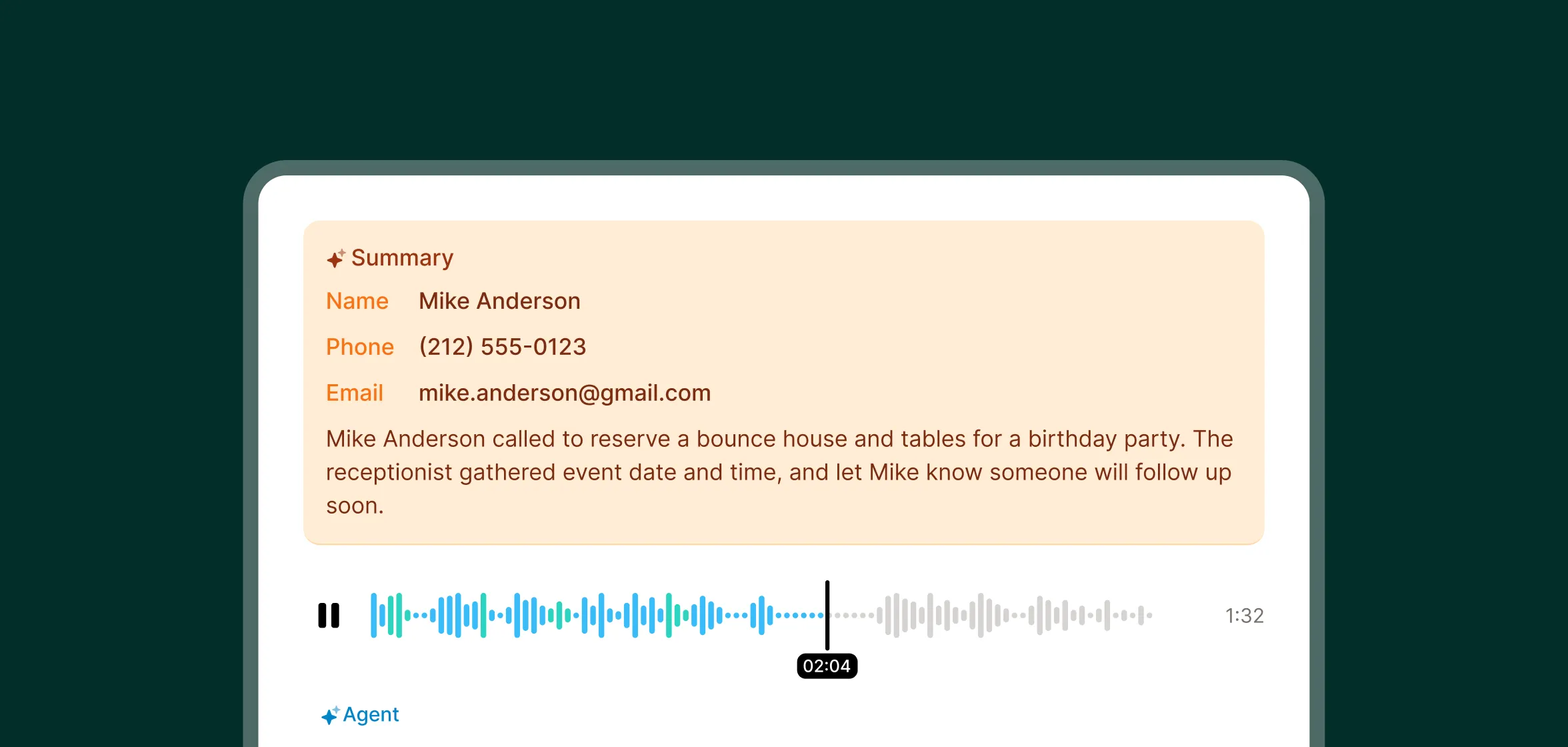 A call summary displays a caller’s details and transcription from a party rental answering service handling a bounce house rental request.