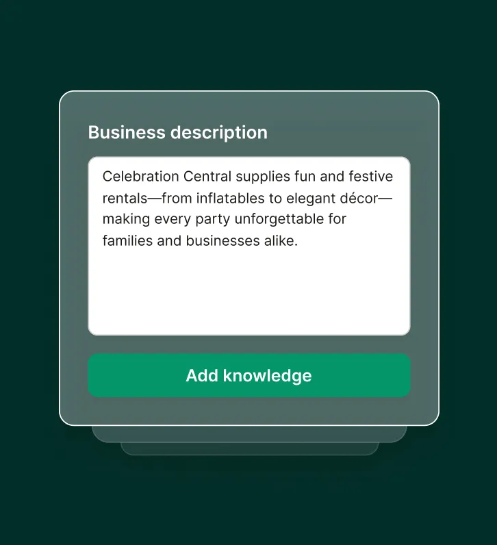 A screen showing a business description form being filled out as part of setting up a party rental answering service.