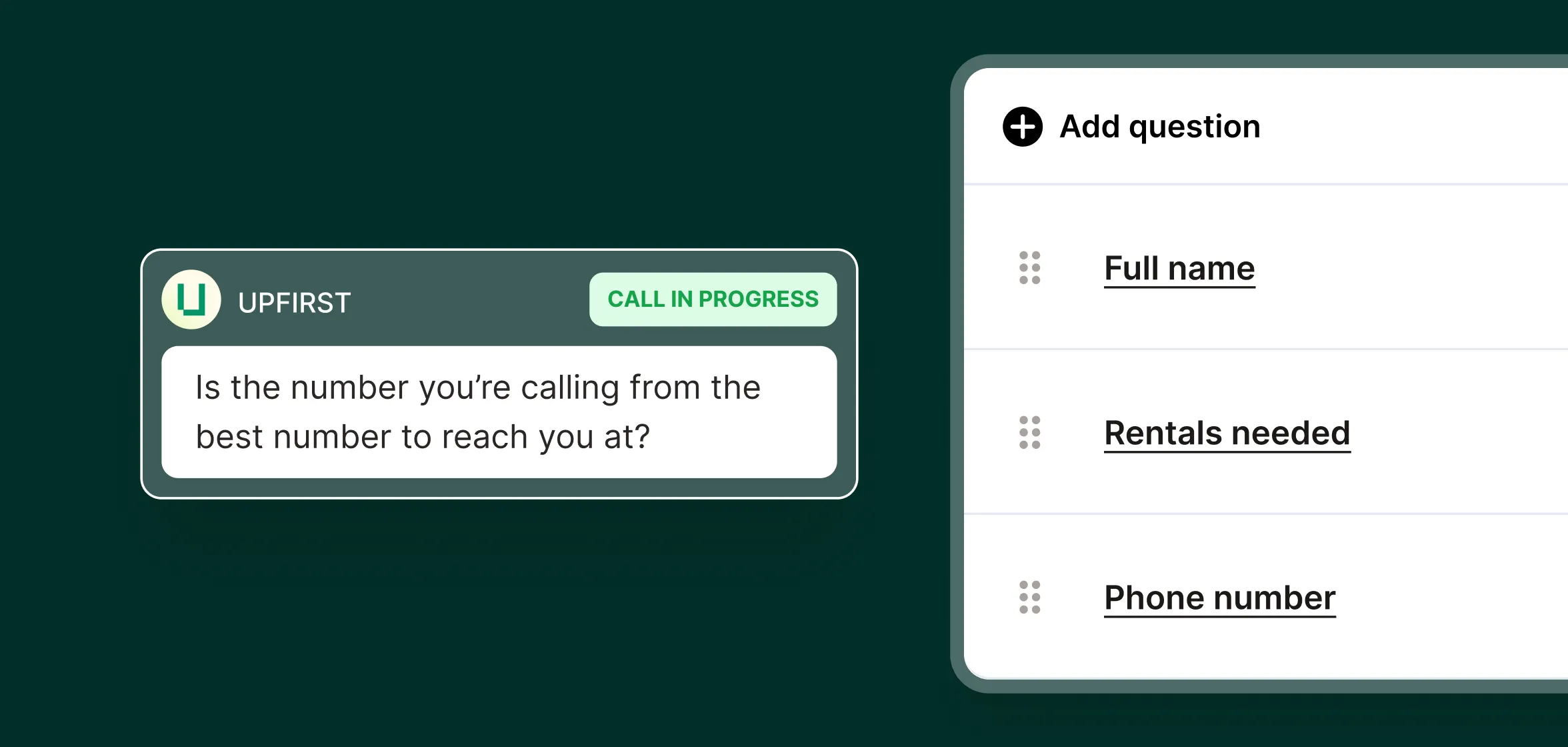 A party rental answering service asks if the caller’s number is the best contact while a form shows fields like full name, rentals needed, and phone number.