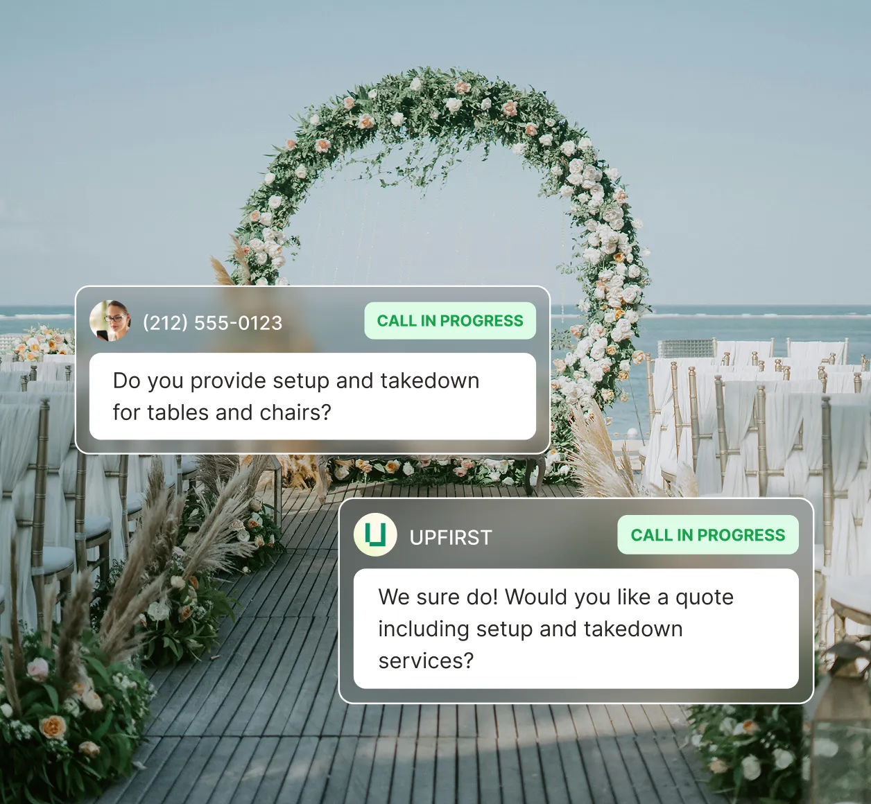 Beachfront wedding setup with a caller asking about table and chair setup and takedown while the party rental answering service offers to include it in a quote.