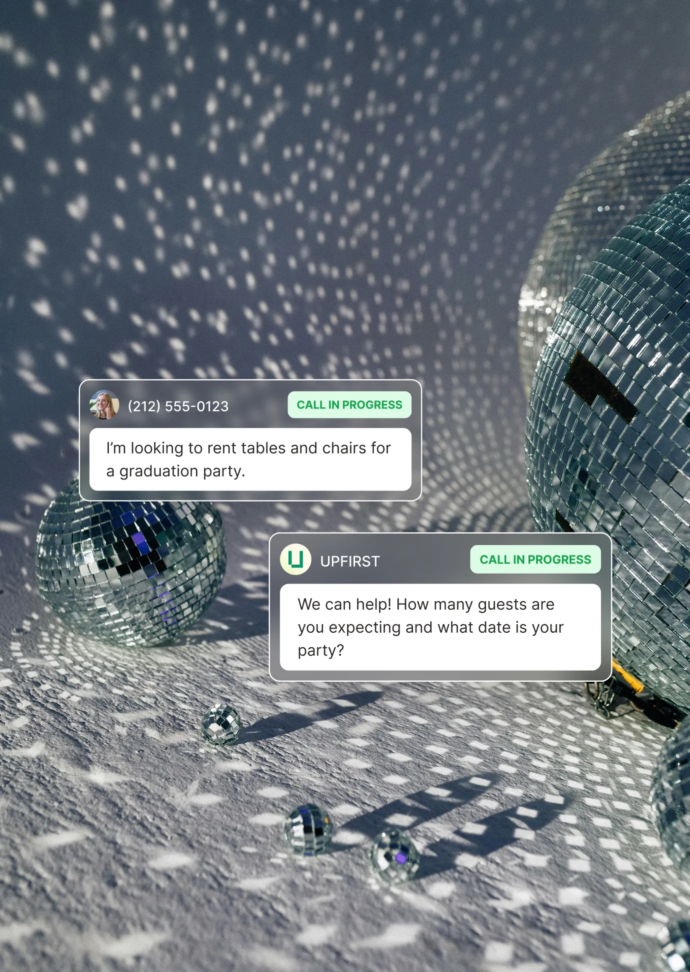 Disco balls reflecting light with a caller asking to rent tables and chairs and the party rental answering service collecting guest count and event date.