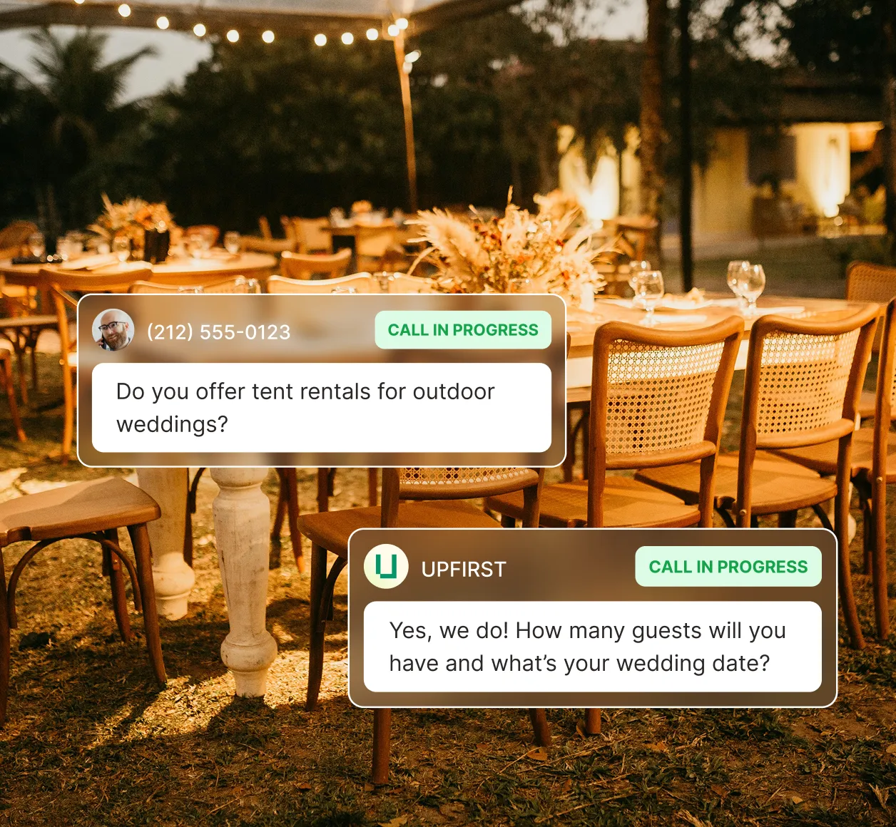 Outdoor wedding setup with a caller asking about tent rentals and a party rental answering service agent replying with questions about guest count and date.
