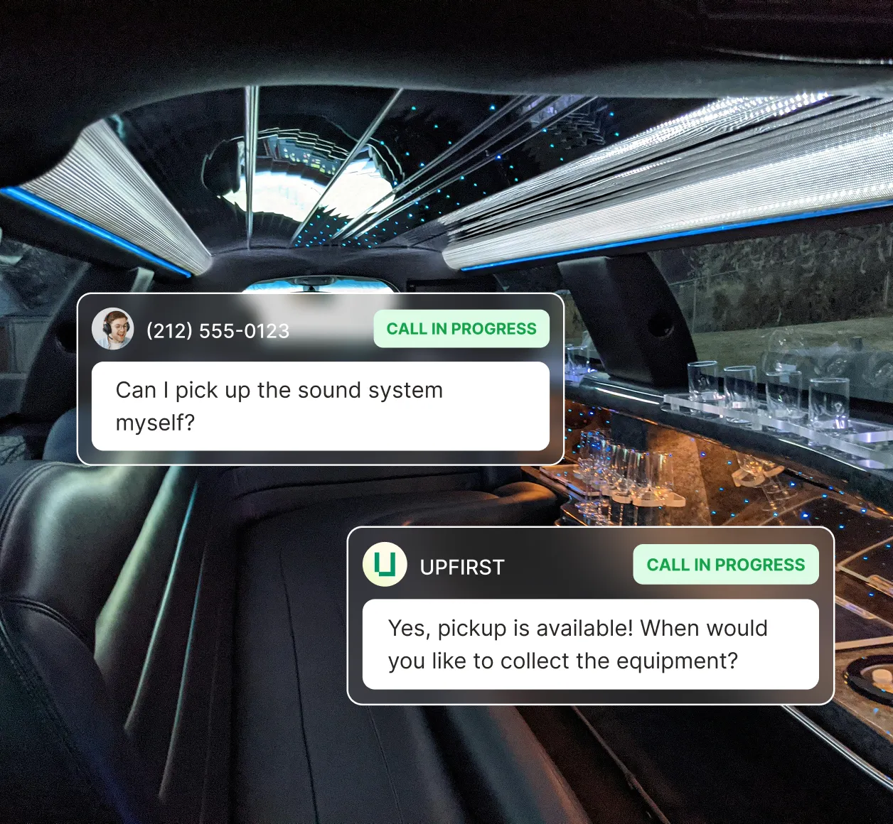Inside a limousine, a caller asks about picking up a sound system and the party rental answering service confirms pickup and requests a collection time.