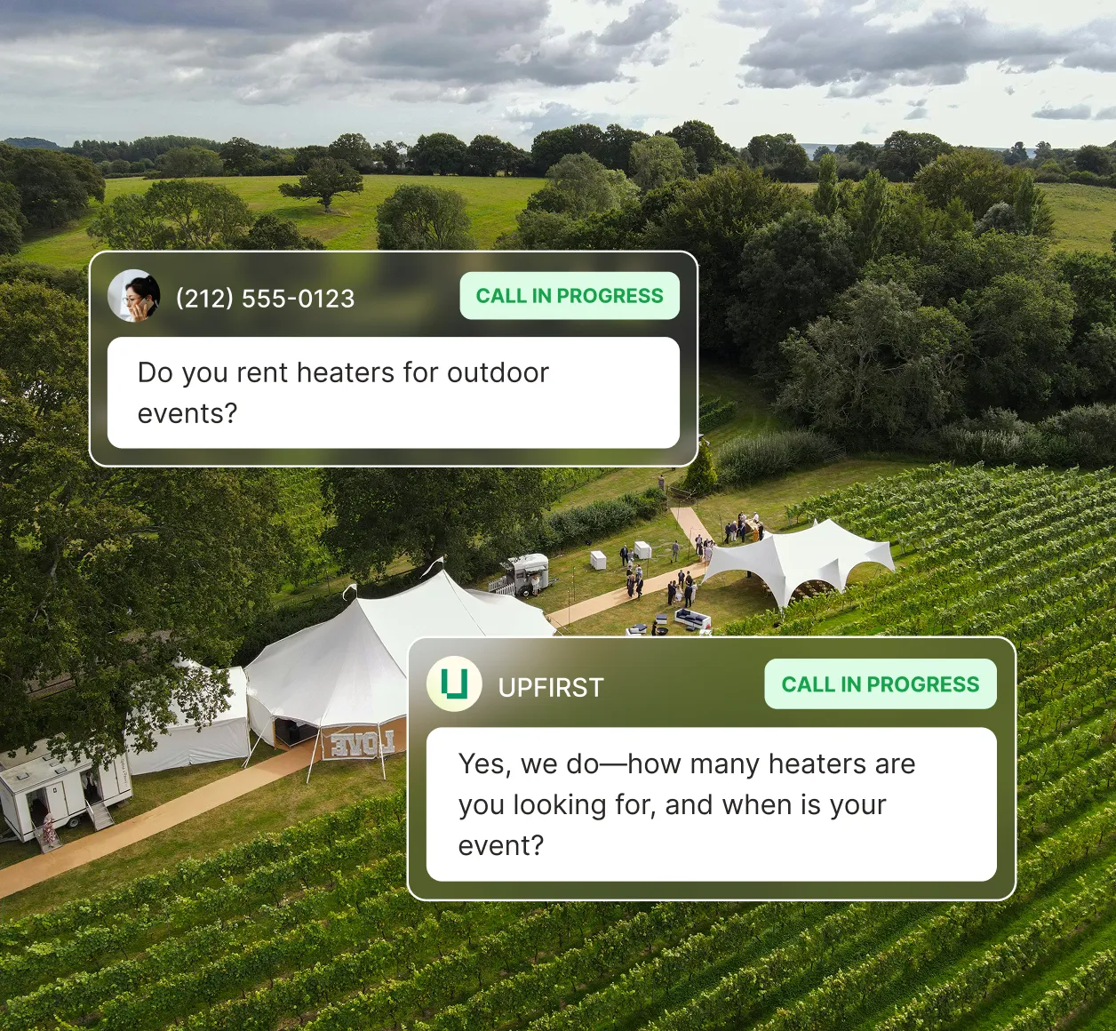 A vineyard event scene where a caller asks about heater rentals and the party rental answering service responds by asking for quantity and event date.