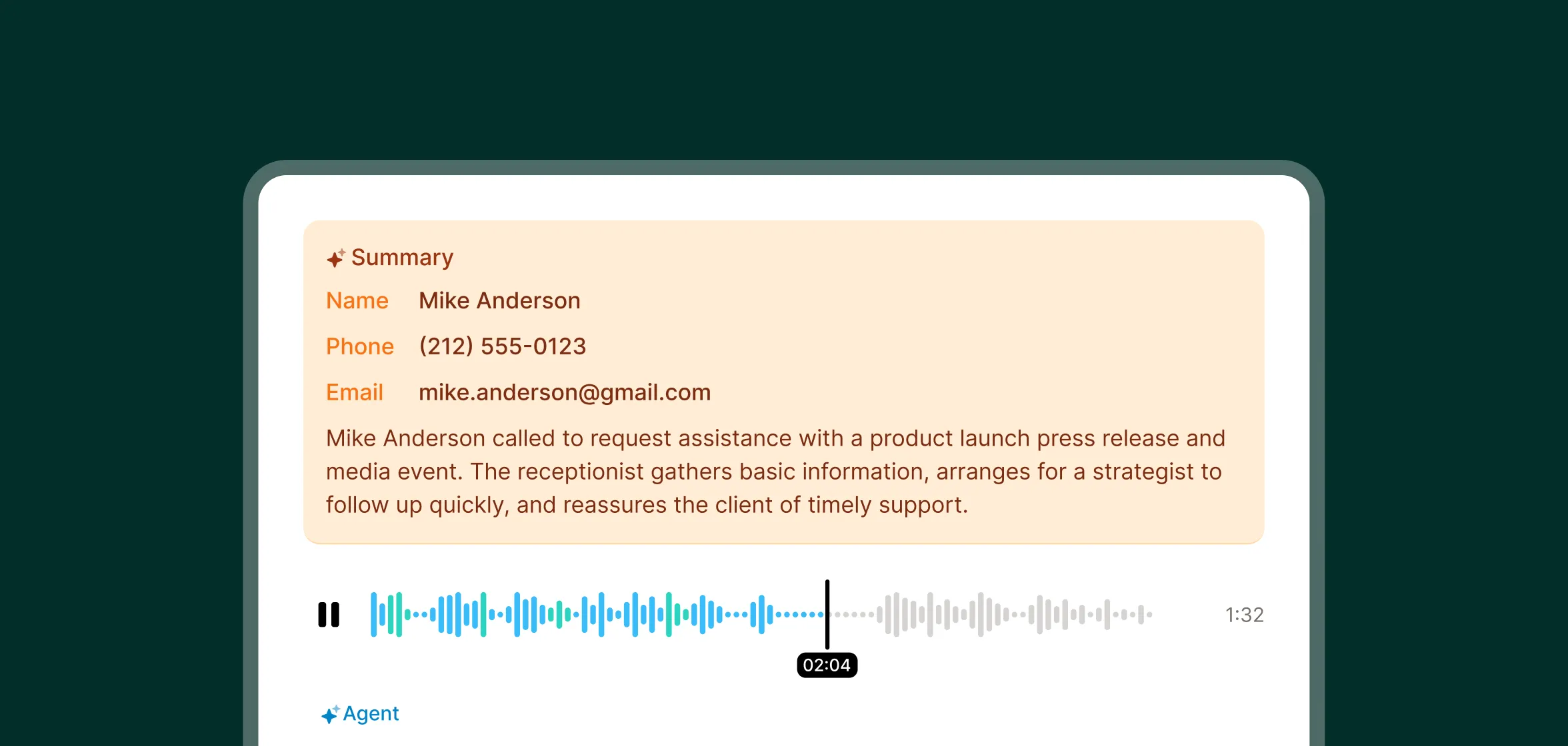 A call summary with contact details and a transcript is shown on a dashboard for a public relations answering service.