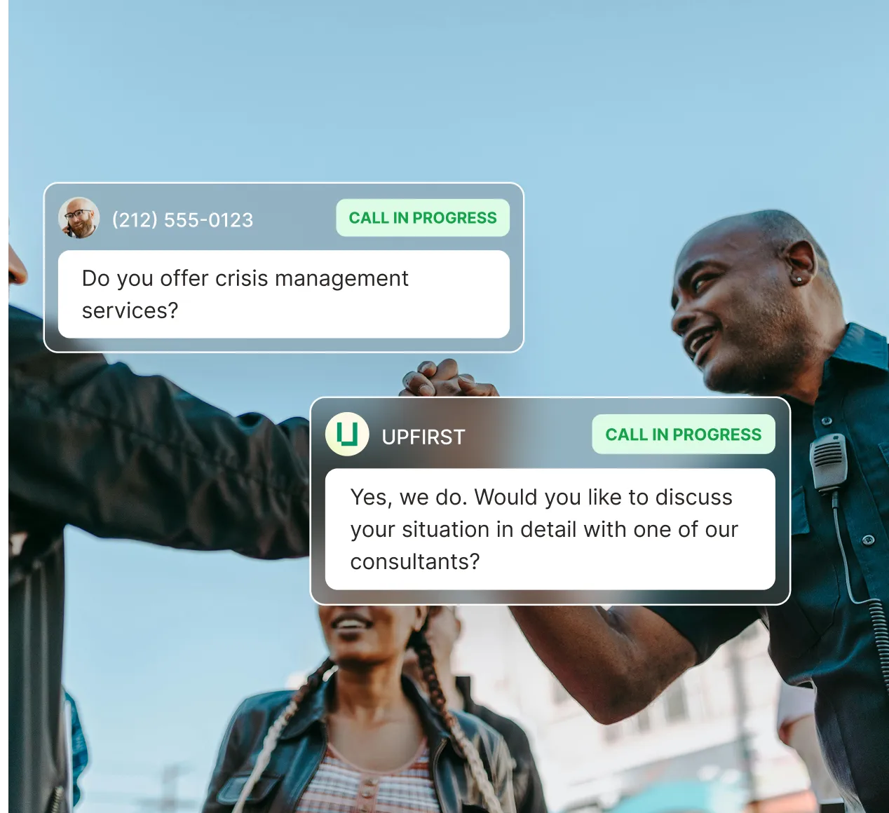 A caller asks about crisis management services while the answering service for public relation firms offers to connect them with a consultant.