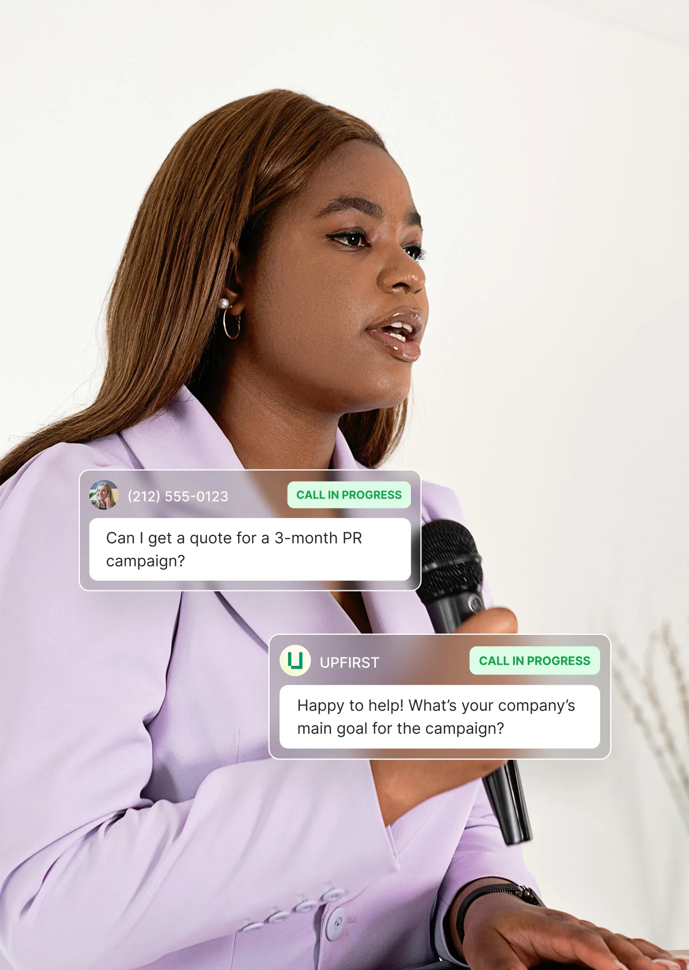 A caller requests a quote for a PR campaign while the answering service for public relation firms asks for the campaign goal.