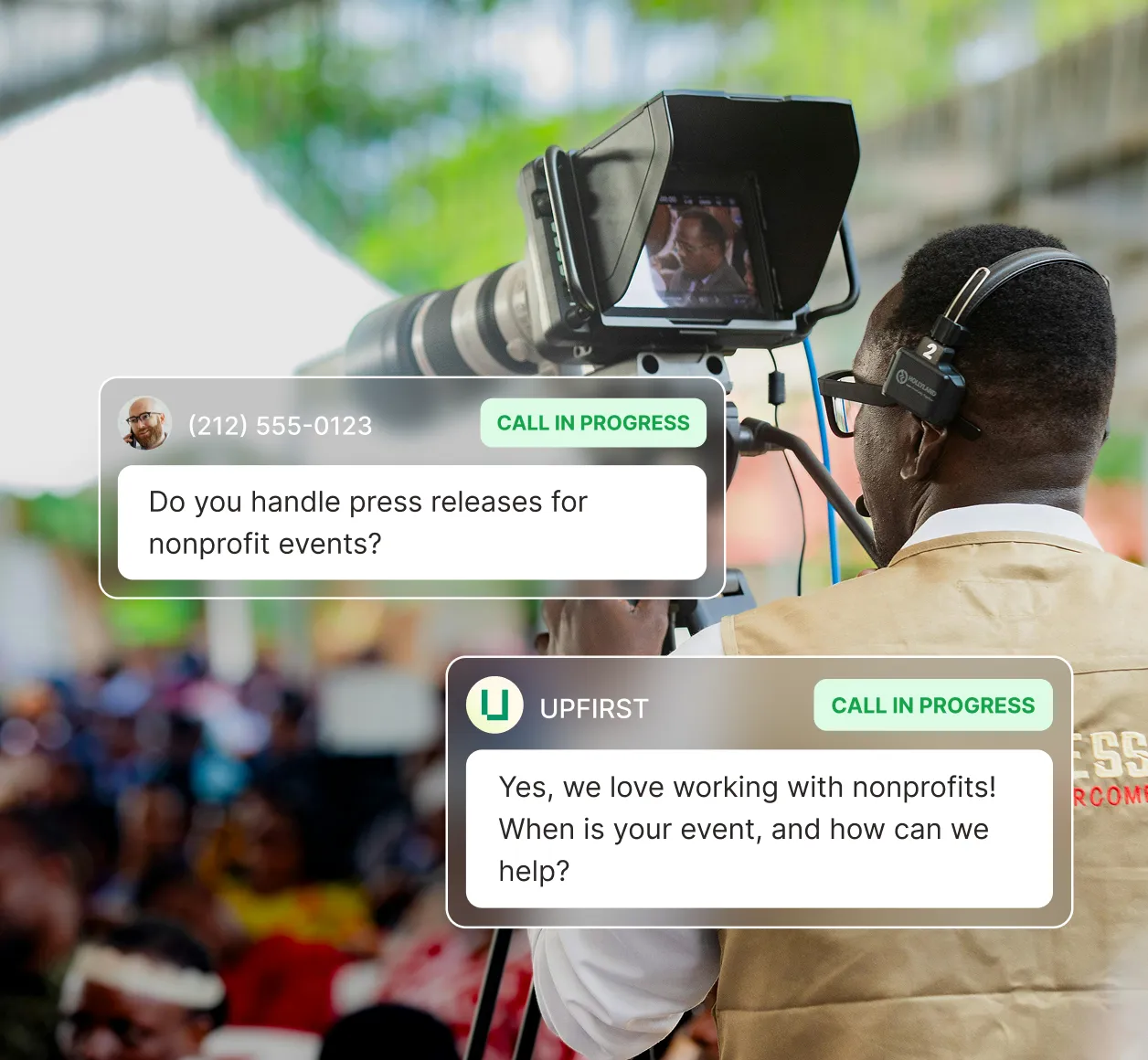 A caller asks about handling press releases for nonprofit events while the public relations answering service replies with a supportive message.