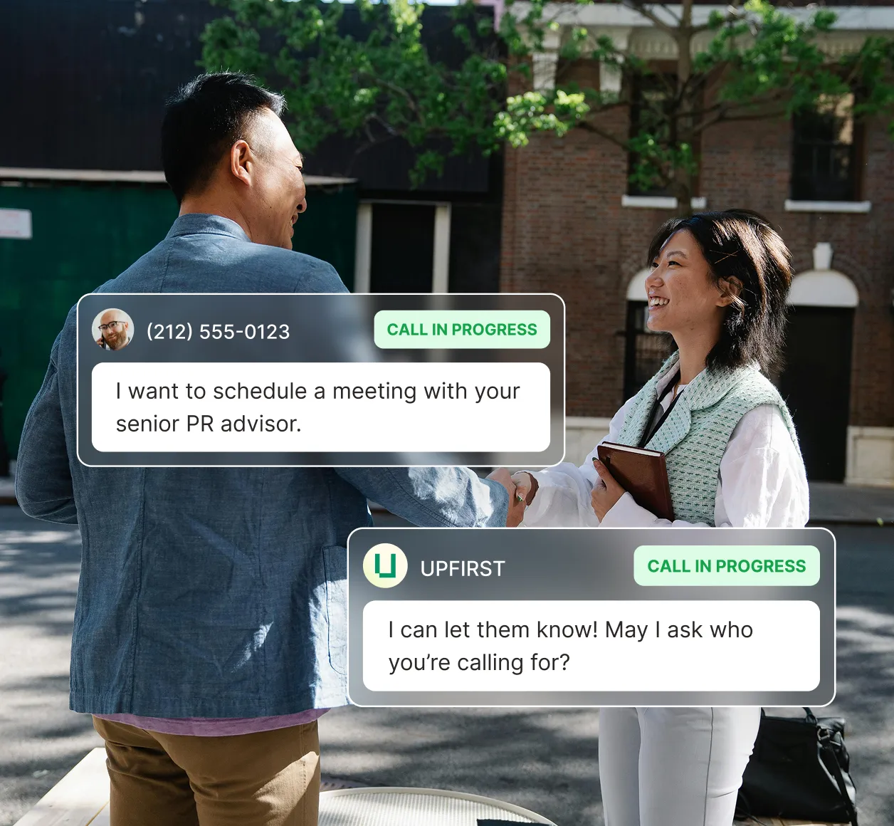 A caller asks to schedule a meeting with a senior PR advisor while an agent replies through a public relations answering service shown over two people greeting outdoors.