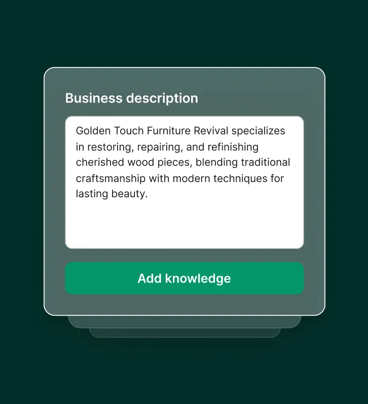 A dashboard screen shows a business description being entered to help the furniture repair answering service personalize responses.