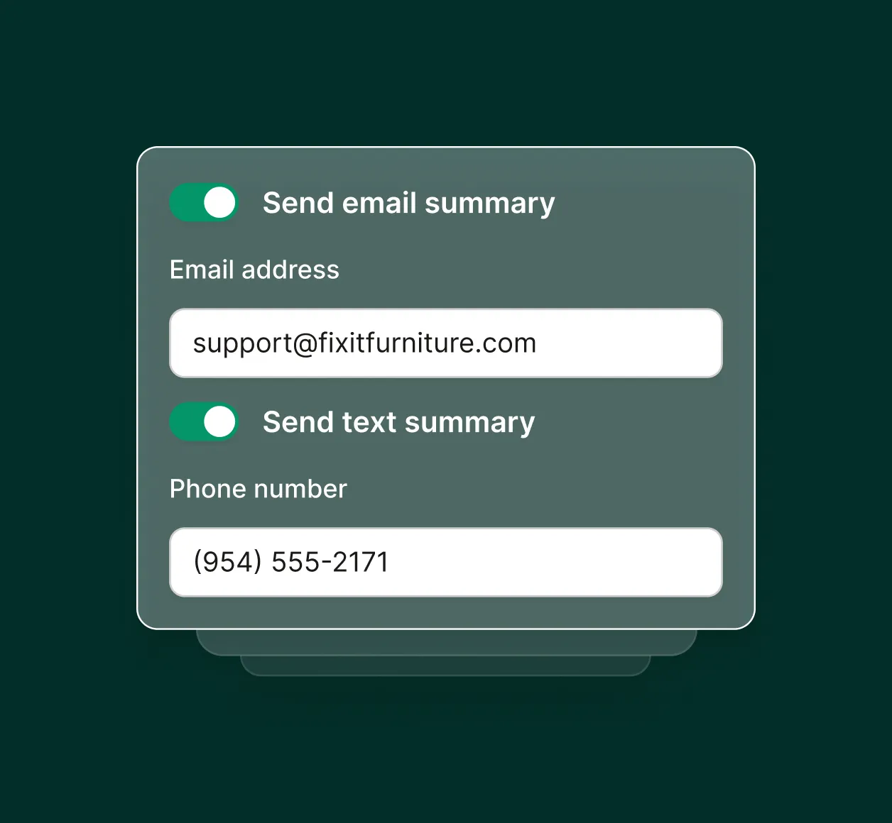 A settings screen shows email and text summary notifications being enabled within a furniture repair answering service.