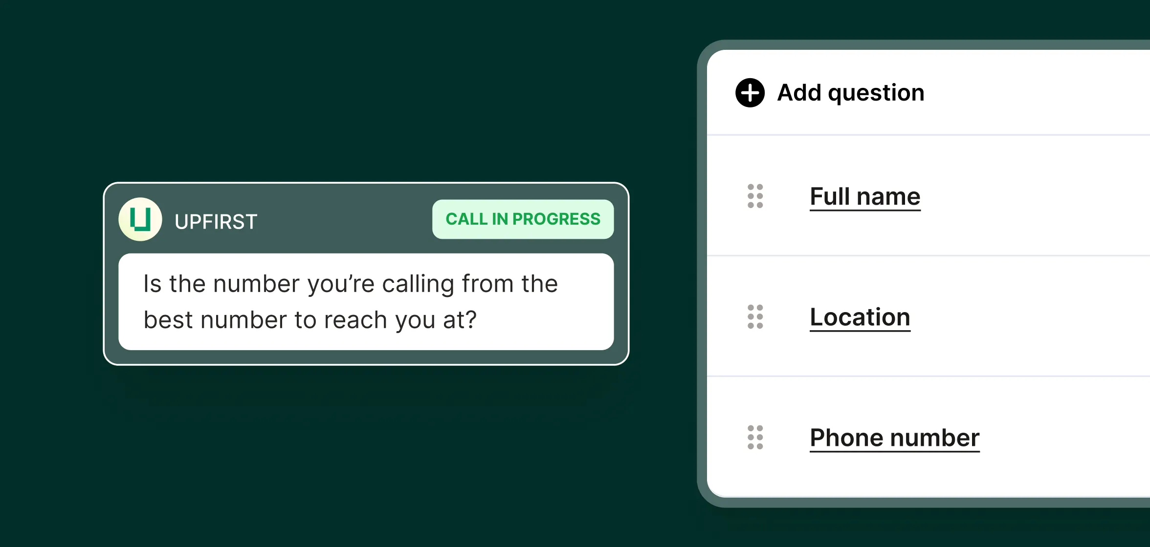A call window asks if the caller’s number is the best contact while a form lists fields like full name, location, and phone number for the furniture repair answering service.