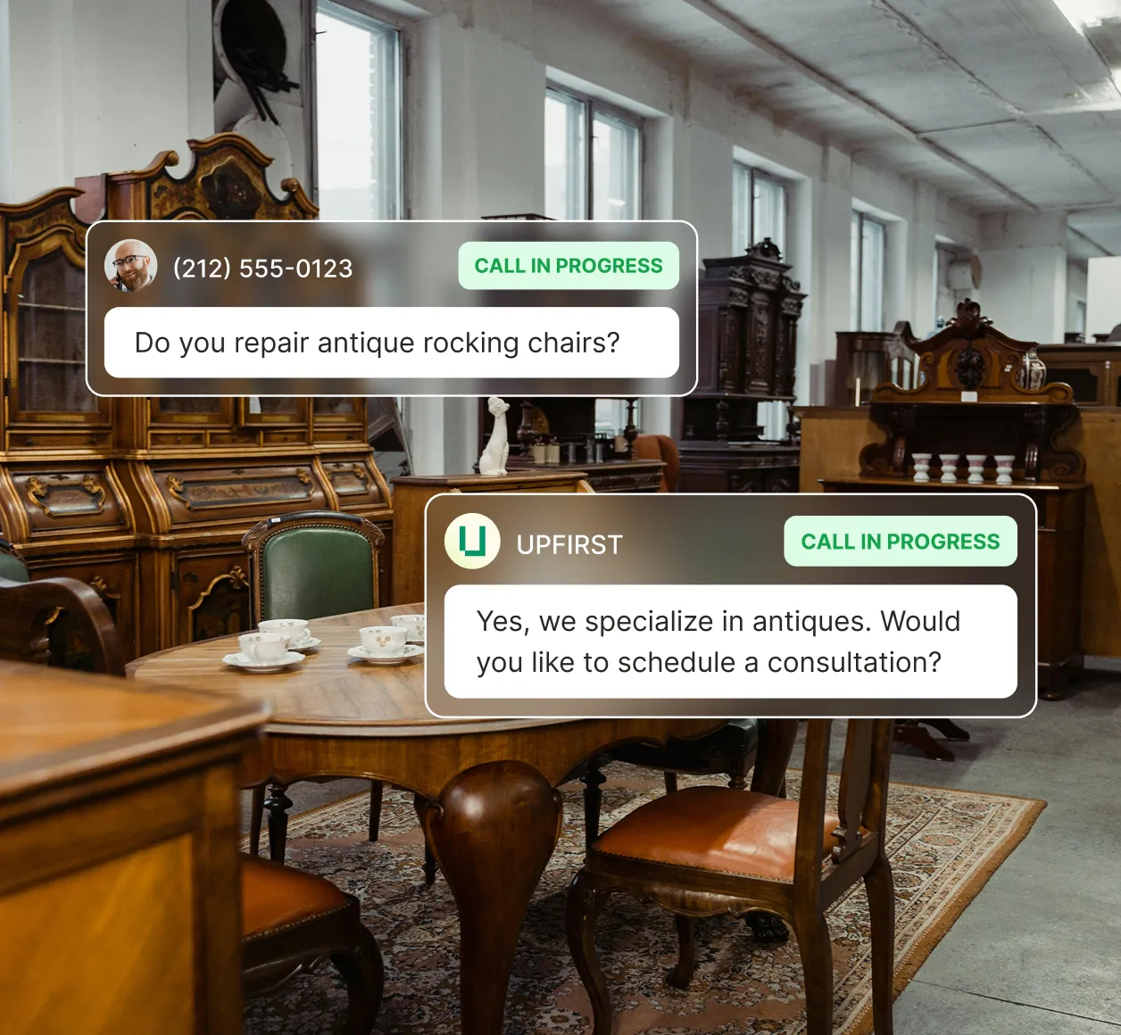 A customer asks if antique rocking chairs can be repaired while a furniture repair answering service responds offering a consultation.