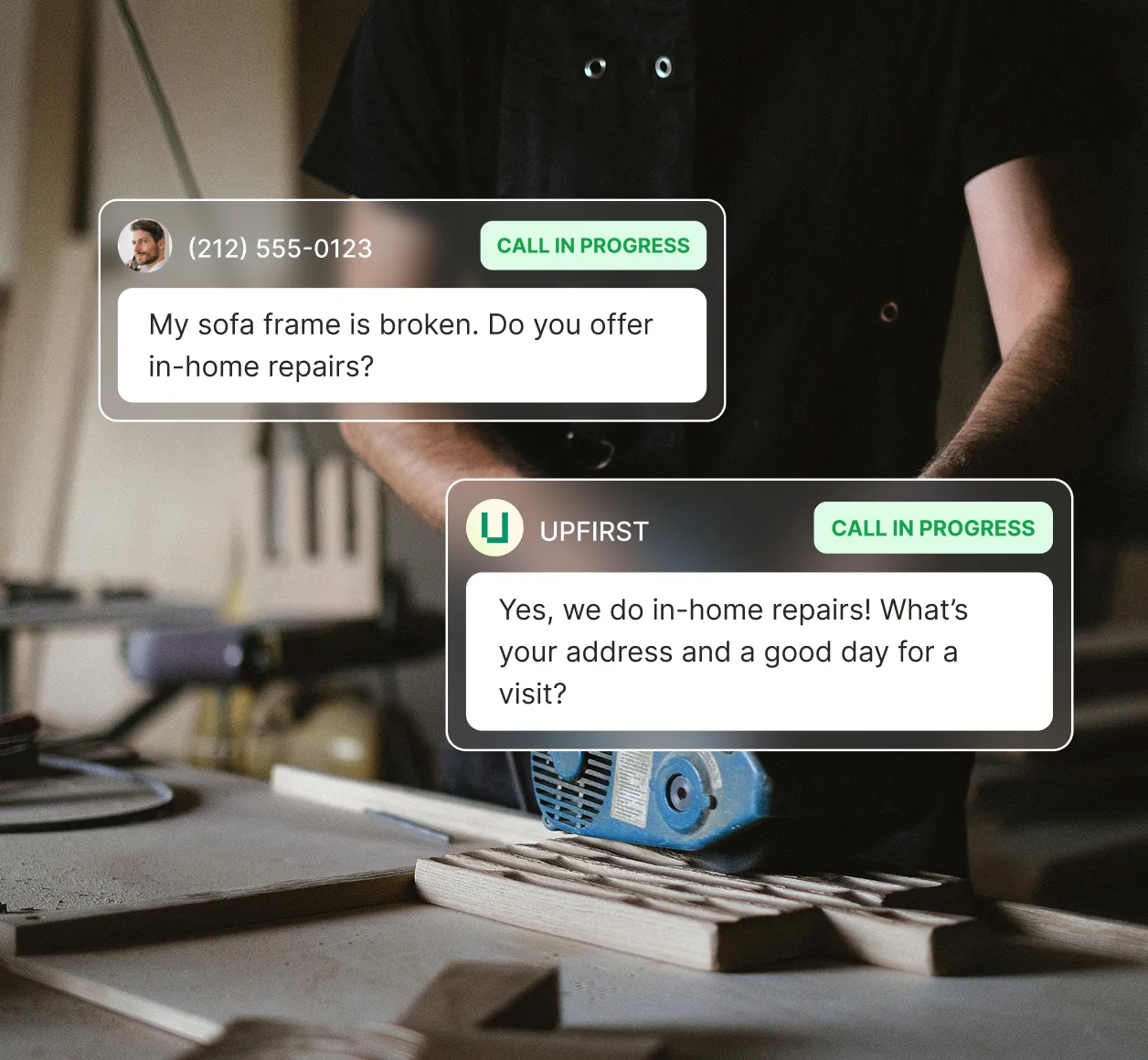 A caller asks about in-home sofa frame repairs while the furniture repair answering service requests their address and scheduling details.