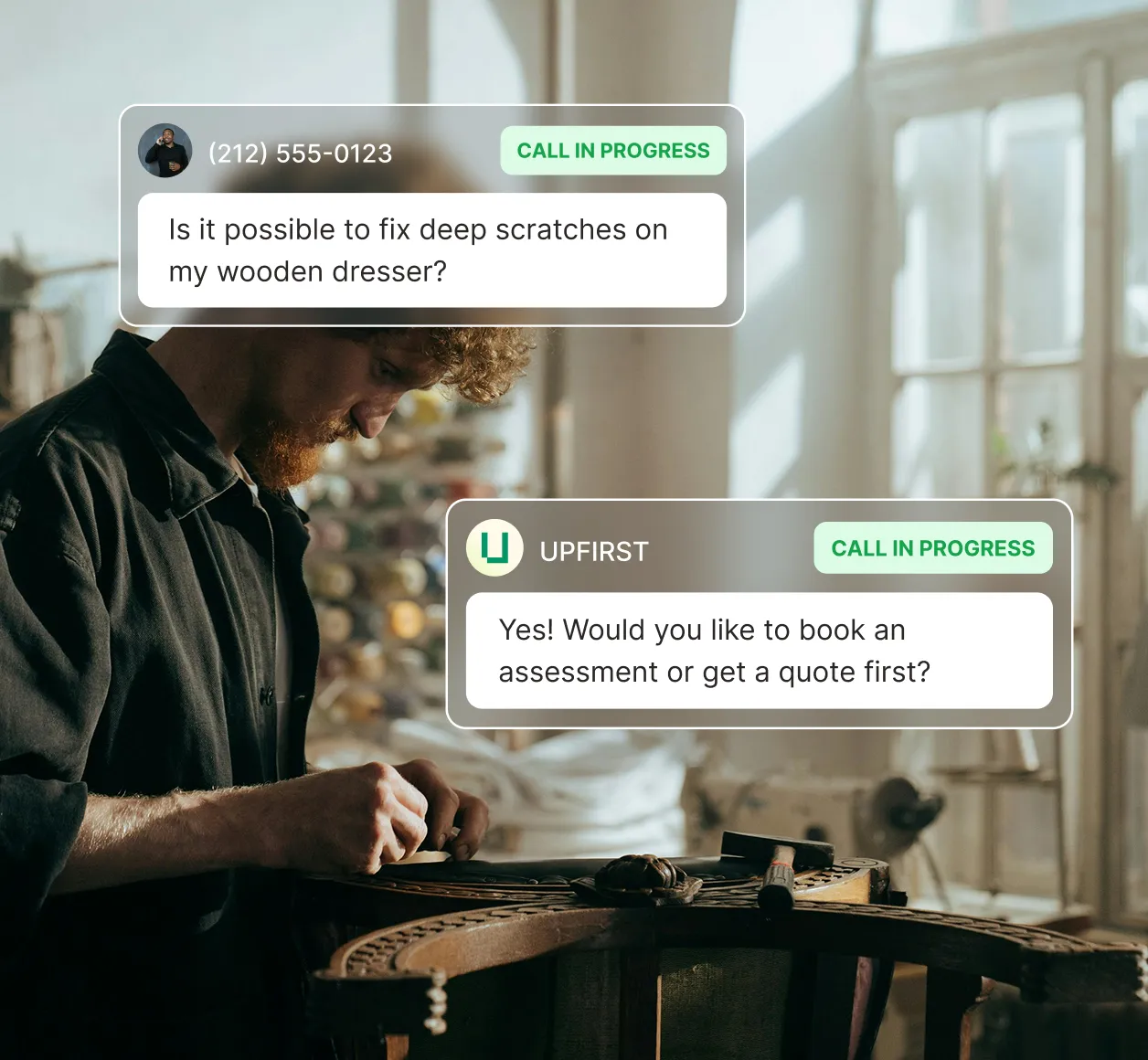 A customer asks if deep scratches on a wooden dresser can be fixed and the furniture repair answering service offers to book an assessment or quote.