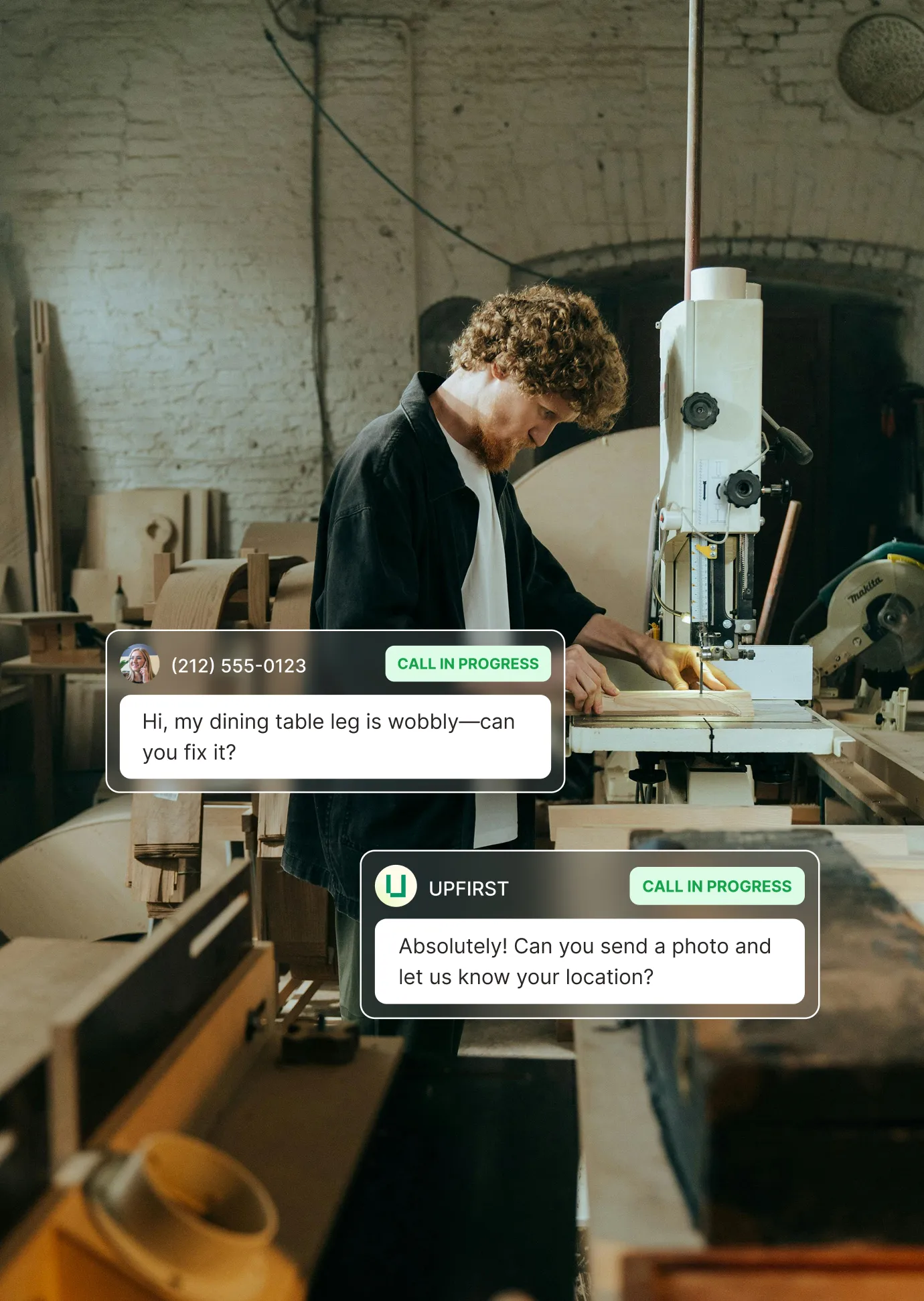 A woodworker in a workshop examines a piece of wood while a customer asks about fixing a wobbly dining table leg and the furniture repair answering service requests a photo and location.