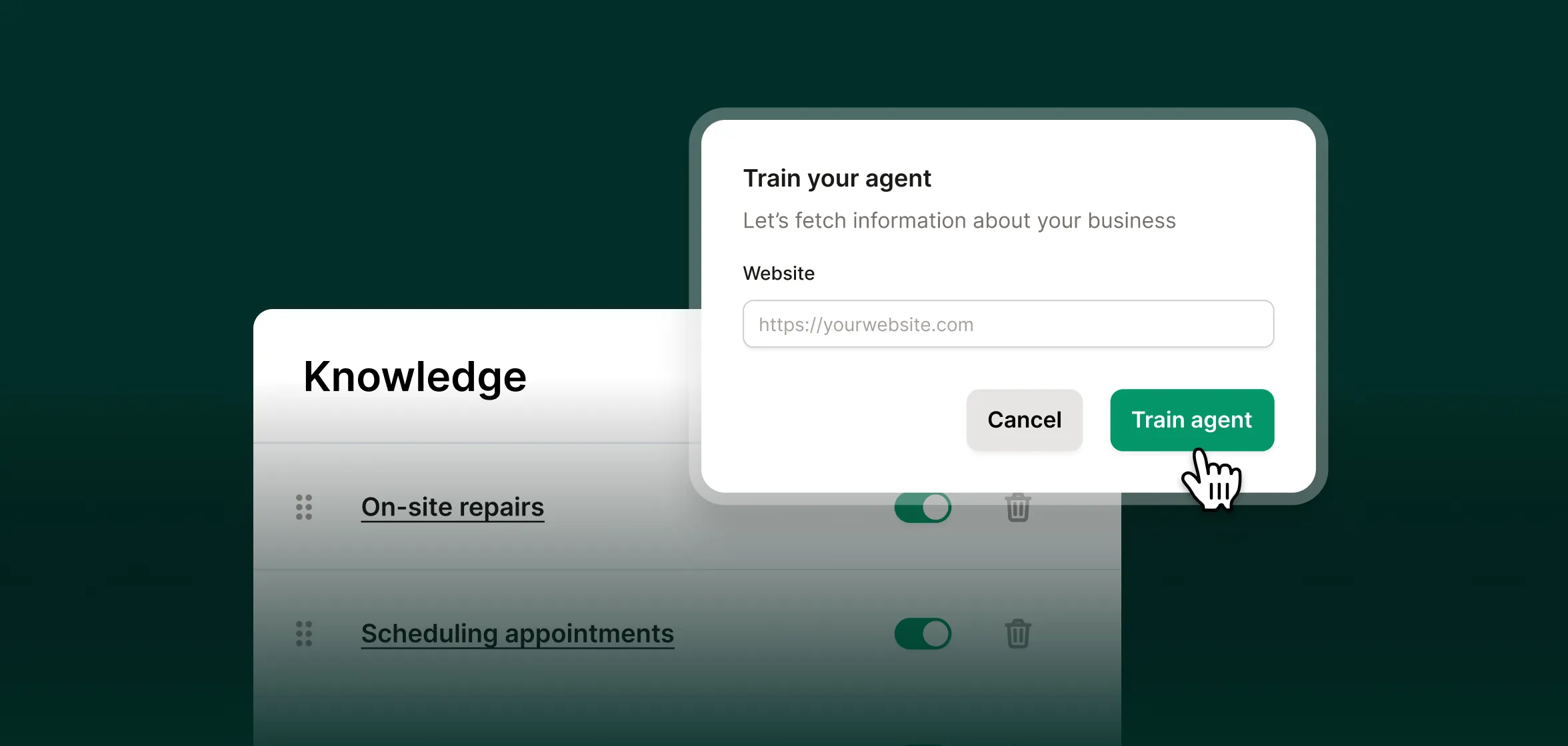 A dashboard shows a website input field used to train a furniture repair answering service with business information.