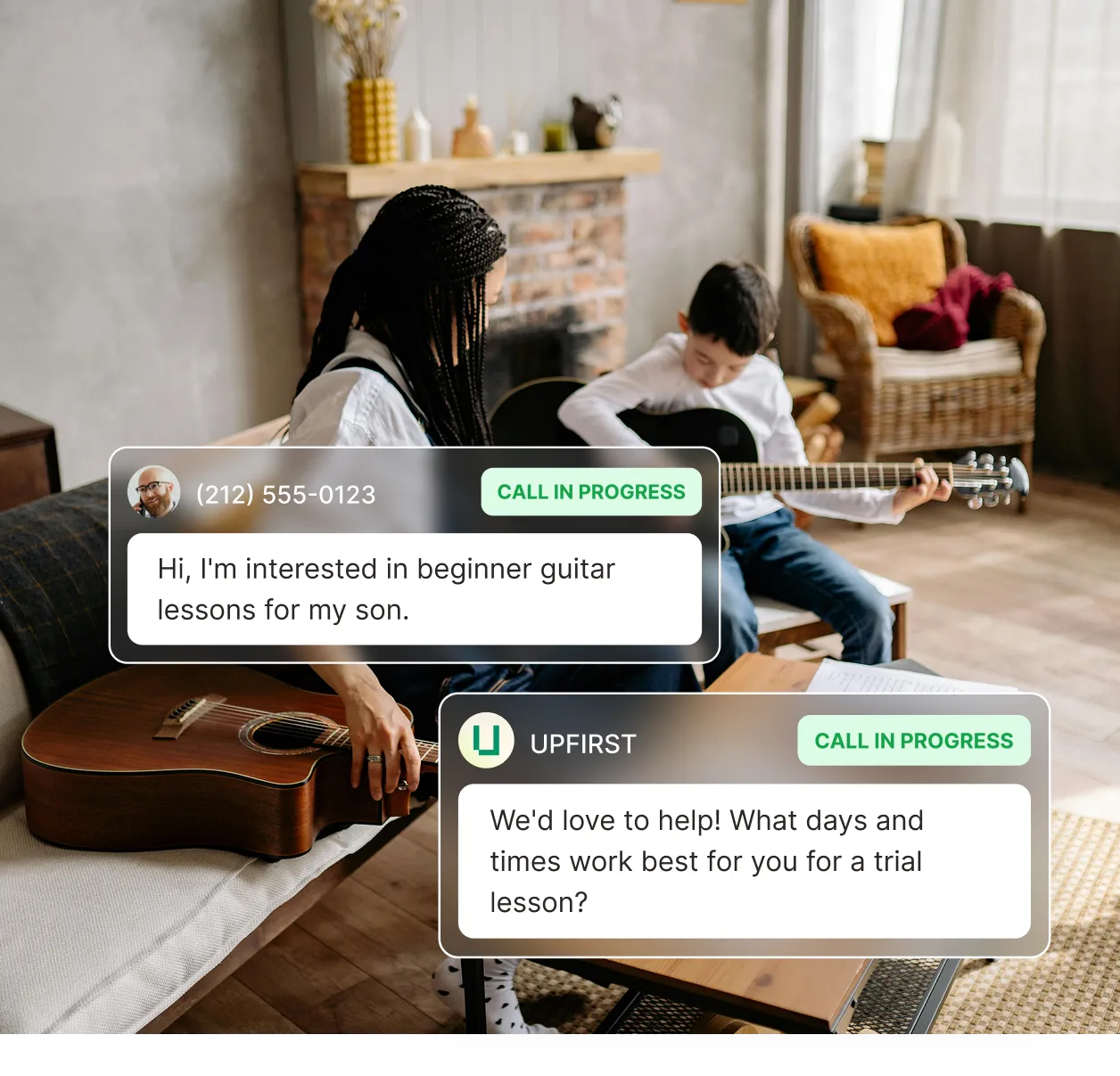 A parent and child practice guitar at home while an answering service for music teachers responds to a caller interested in beginner guitar lessons.