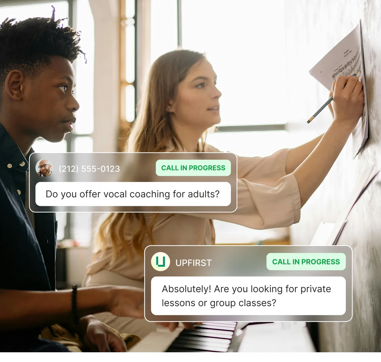 A music teacher works with a student while a music teacher answering service handles a call asking about adult vocal coaching and replies with options for private or group lessons.