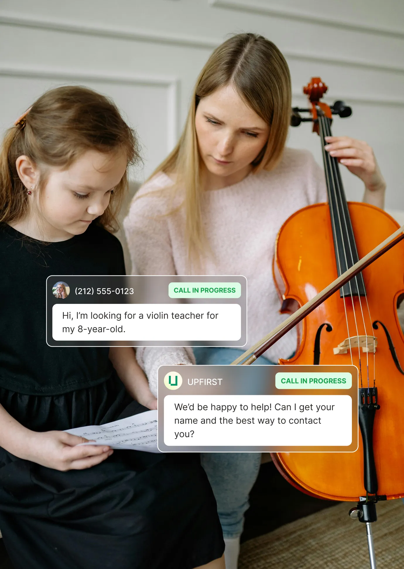 A violin teacher helps a young student read sheet music while a music teacher answering service message asks for the caller’s contact details.