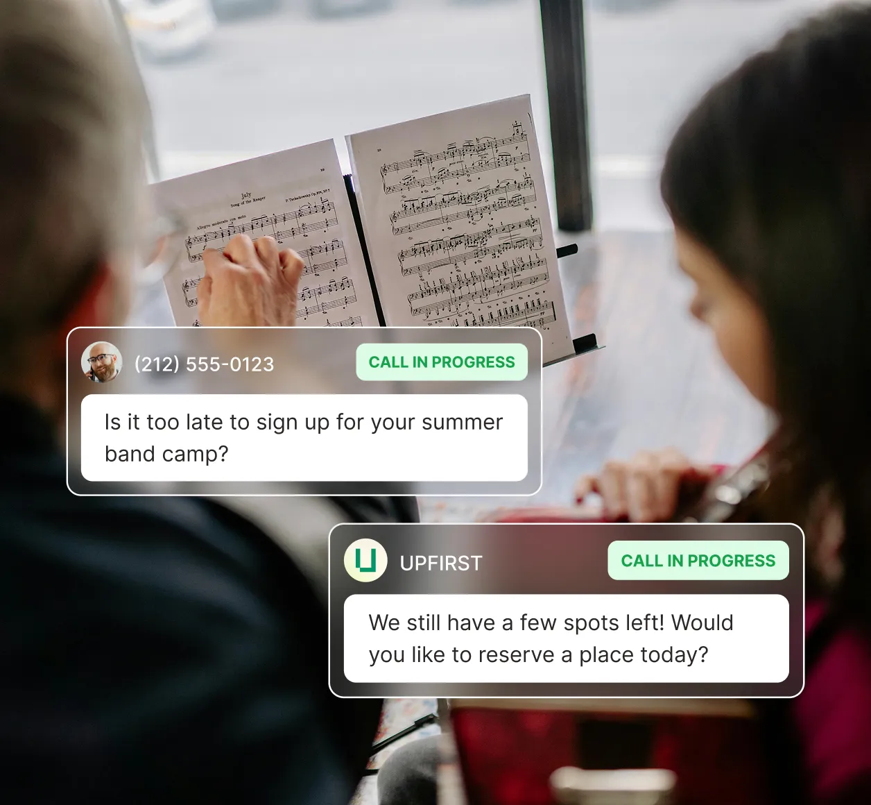 A student views sheet music as an answering service for music teachers responds to a caller asking if it is too late to sign up for summer band camp.